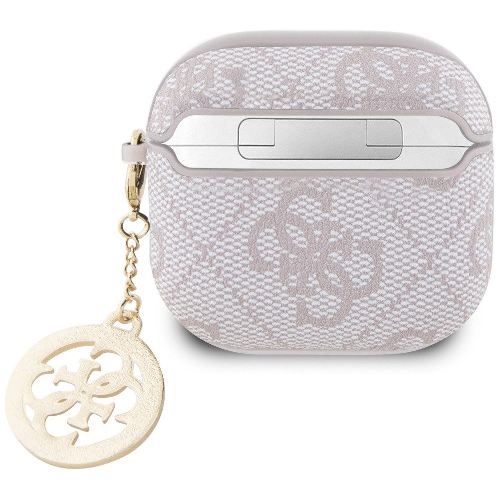 Guess Kopfhörer-Schutzhülle Case AirPods 4 Kunstleder rosa Logo Metal Kette Strass goldfarbig, Kantenschutz