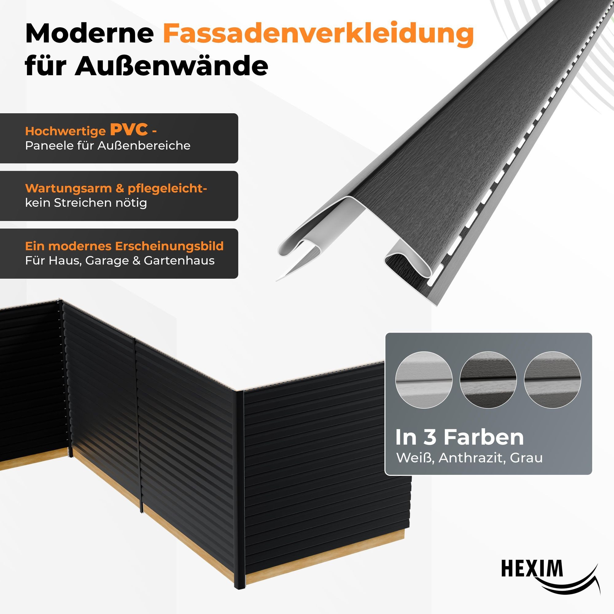 Hexim Verkleidungspaneel, (Siding Fassadenpaneele außen Fassadenverkleidung wetterfest Kunststoffpanelee PVC-U Verkleidung Außenwand Hausverkleidung UV-beständig - (Anfangsprofil anthrazit)