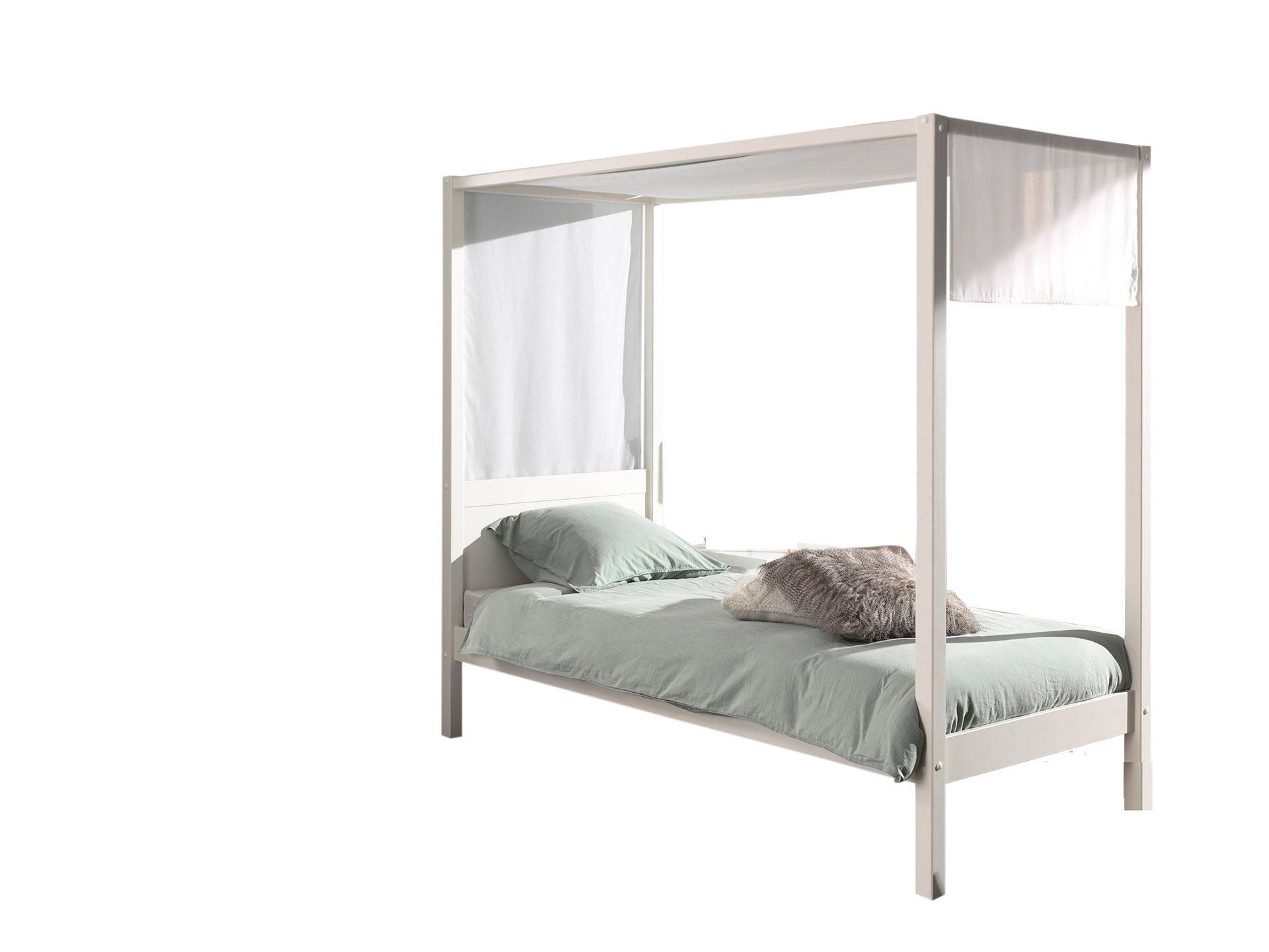 58 aufm Kessel Bettgestell Himmelbett Katerína 208x98x191 Einzelbett Massivholz Weiß (inkl. Versand, Lieferung bis Verwendungsstelle), Liegefläche 90x200, Himmelbett mit Textilhimmel, mediterranes Flair