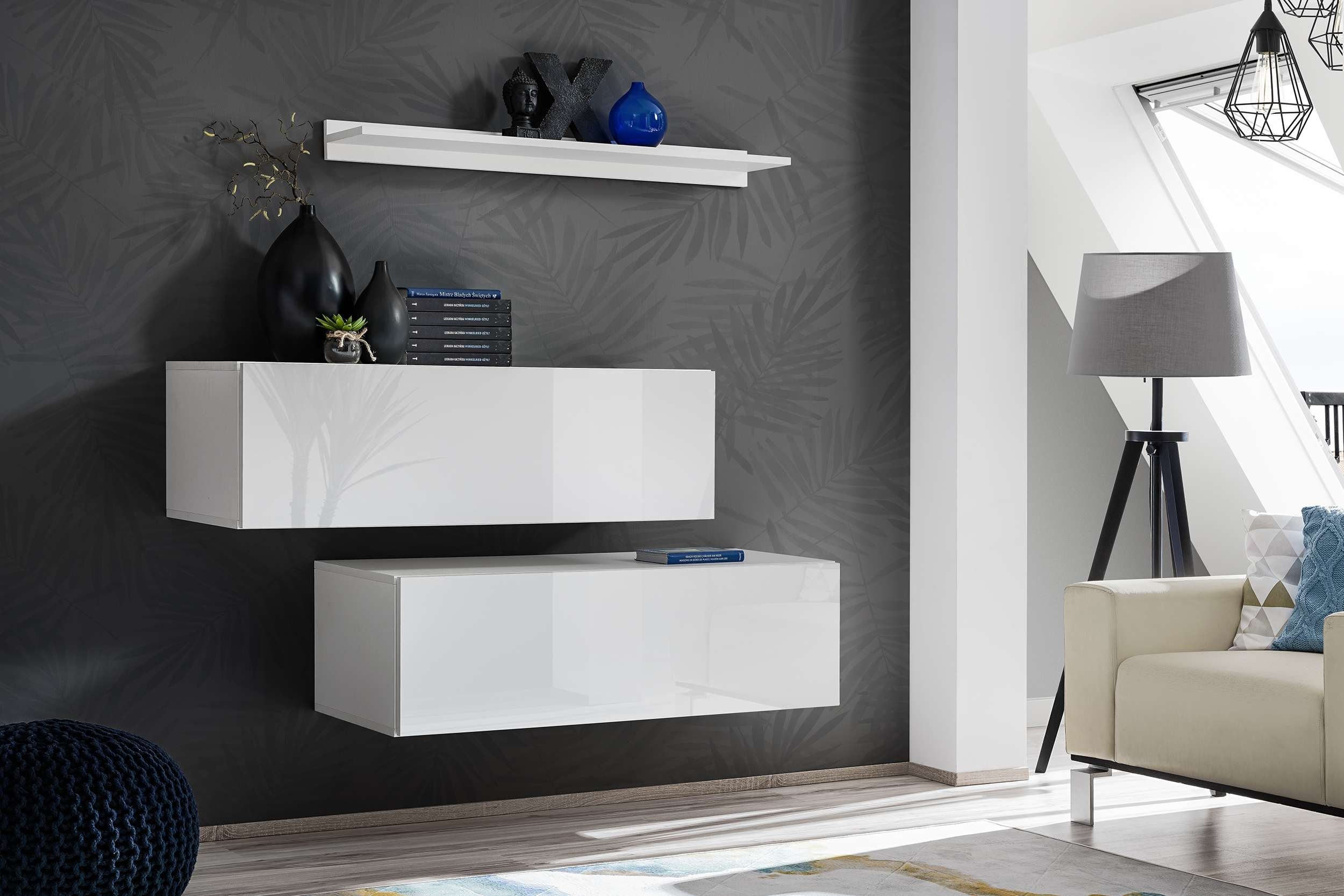 Stylefy Wohnwand Rawson III, (Wohnmöbel, Wohnzimmer-Set, Set (3-St), bestehend aus 2xLowboard, 1xWandregal, aus Holzwerkstoff, mit viel Stauraum, variabel hängbar, Design Modern Weiß - Weiß Hochglanz