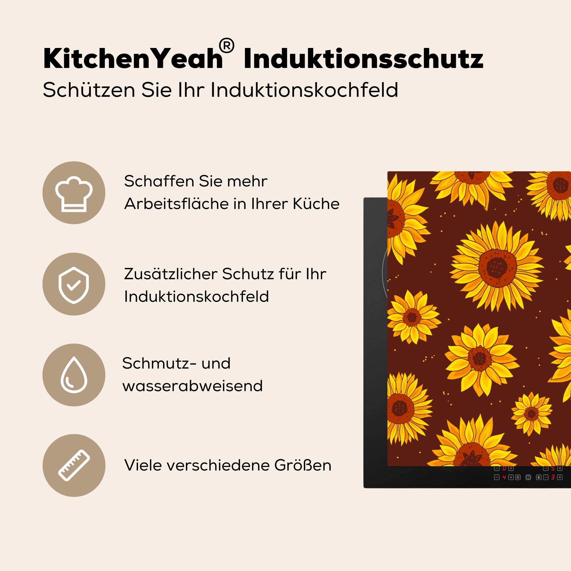 cm, - Muster, Vinyl, MuchoWow Sonnenblume die - Ceranfeldabdeckung küche, 59x52 Herdblende-/Abdeckplatte für (1 - Bohème tlg), Induktionsmatte Flora
