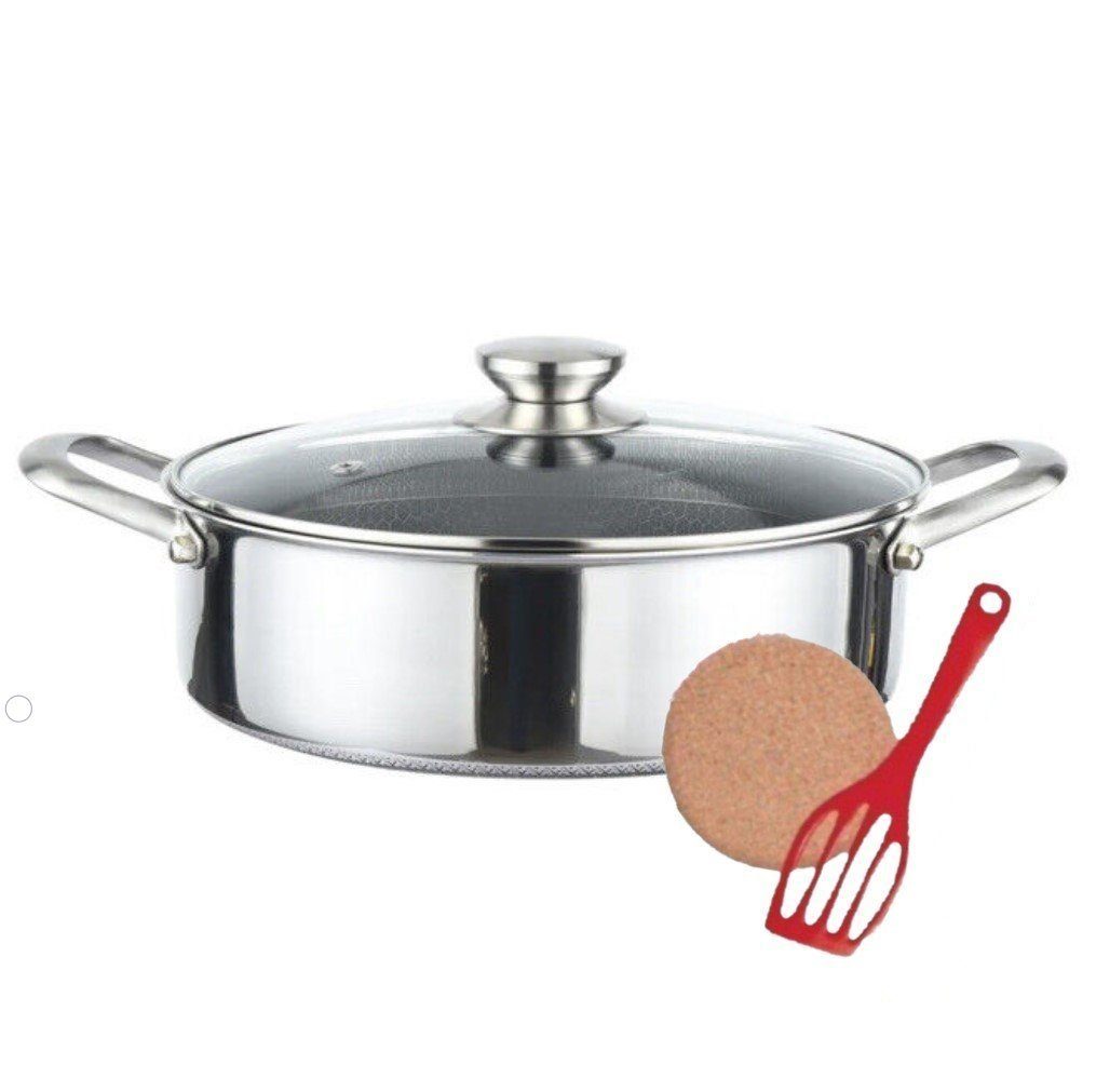 KESSMANN Kasserolle Edelstahl Schmorpfanne 28cm m. Deckel 5tlg Kasserolle Pfanne Induktion, Edelstahl 18/10 (Set, 4-tlg., Inkl. 1 Pfannenwender + 1 Untersetzer Antihaftbeschichtung Brattopf), Bratpfanne Servierpfanne Kochpfanne Pfannenset Fanne Bräter rostfrei