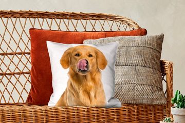 MuchoWow Dekokissen Ein leckender Golden Retriever auf einem weißen Hintergrund, Zierkissen mit Füllung für Wohzimmer, Schlafzimmer, Deko, Sofakissen