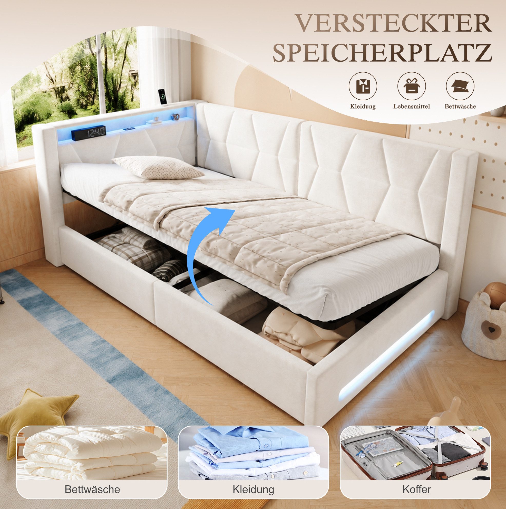 REDOM Schlafsofa Stauraumbett, Polsterbett mit LED-Beleuchtung, mit Unterbettkasten mit Hydraulikfunktion, USB & Type-C 90x200 cm, ohne Matratze