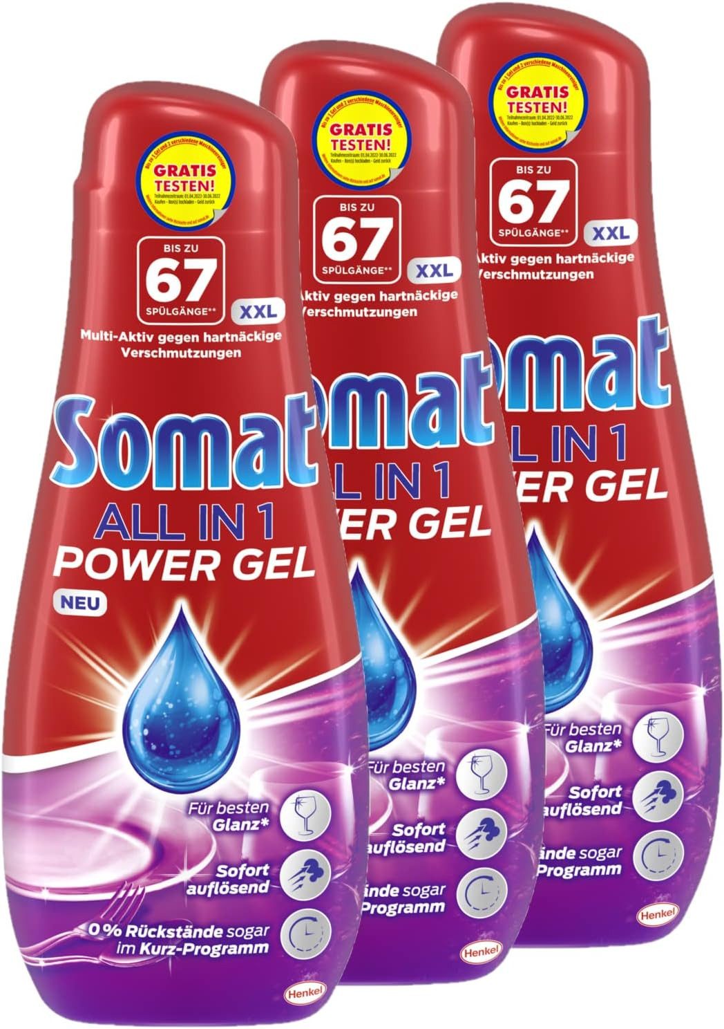 Somat 3x Somat All in 1 Power Gel (3 x 67 Spülgänge) Geschirrspülmittel Geschirrspülmittel (3-St. Spülmaschinen Gel für strahlend sauberes Geschirr)