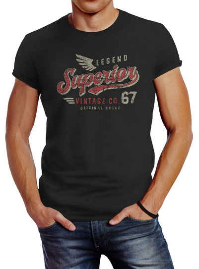 Neverless Print-Shirt Neverless® Herren T-Shirt Vintage Retro Motiv Schriftzug Superior Legend Flügel Fashion Streetstyle mit Print