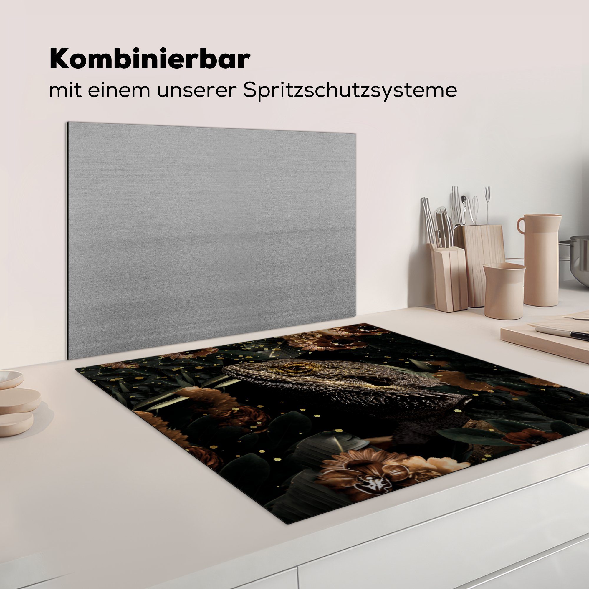 cm, Blumen Botanisch, 78x78 (1 - Licht Vinyl, für tlg), Herdblende-/Abdeckplatte MuchoWow - - Arbeitsplatte Ceranfeldabdeckung, küche Reptilien