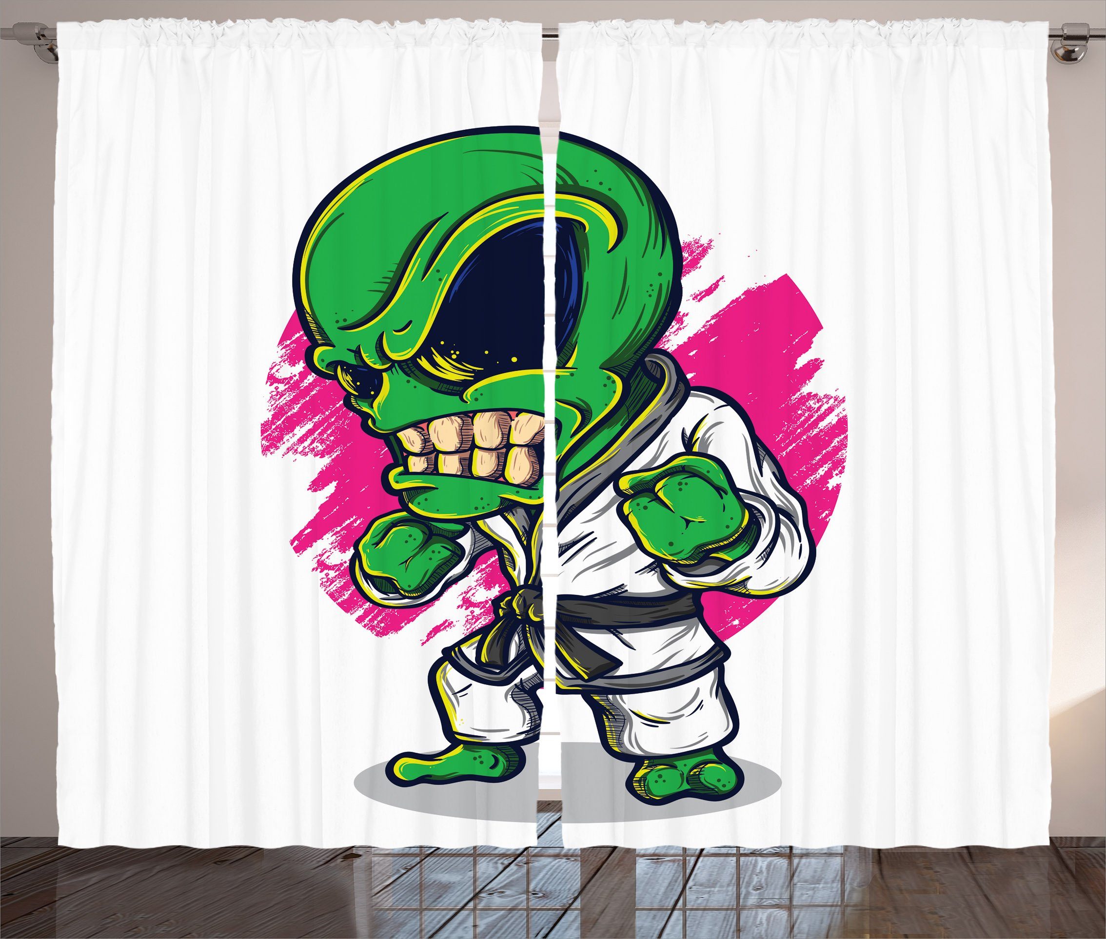 Gardine Schlafzimmer Kräuselband Vorhang mit Schlaufen und Haken, Abakuhaus, Karikatur Verärgerte Alien Karate-Kunst