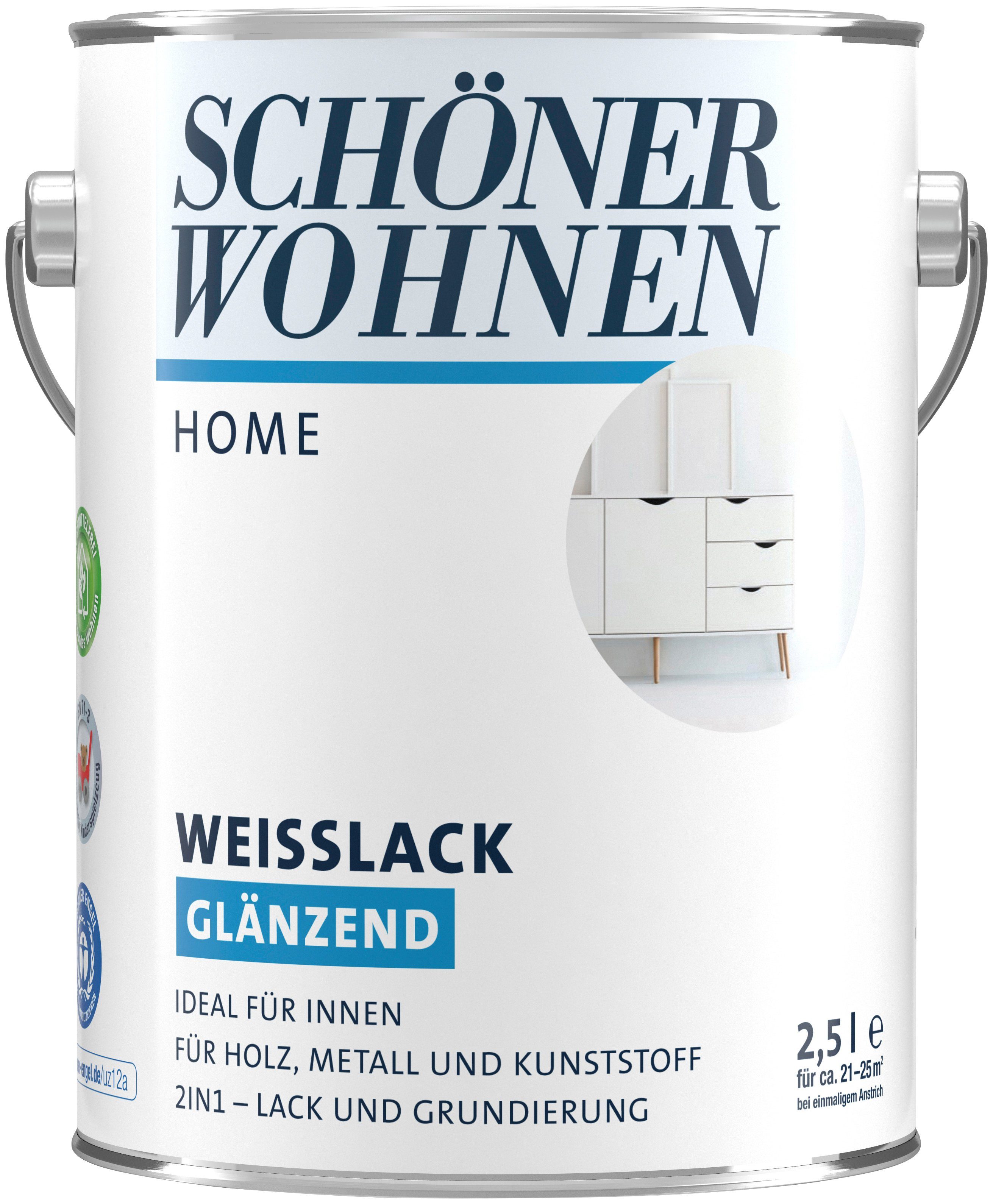 SCHÖNER WOHNEN FARBE Weißlack Home Weißlack, 2,5 Liter, weiß, glänzend, ideal für innen | Weißlacke