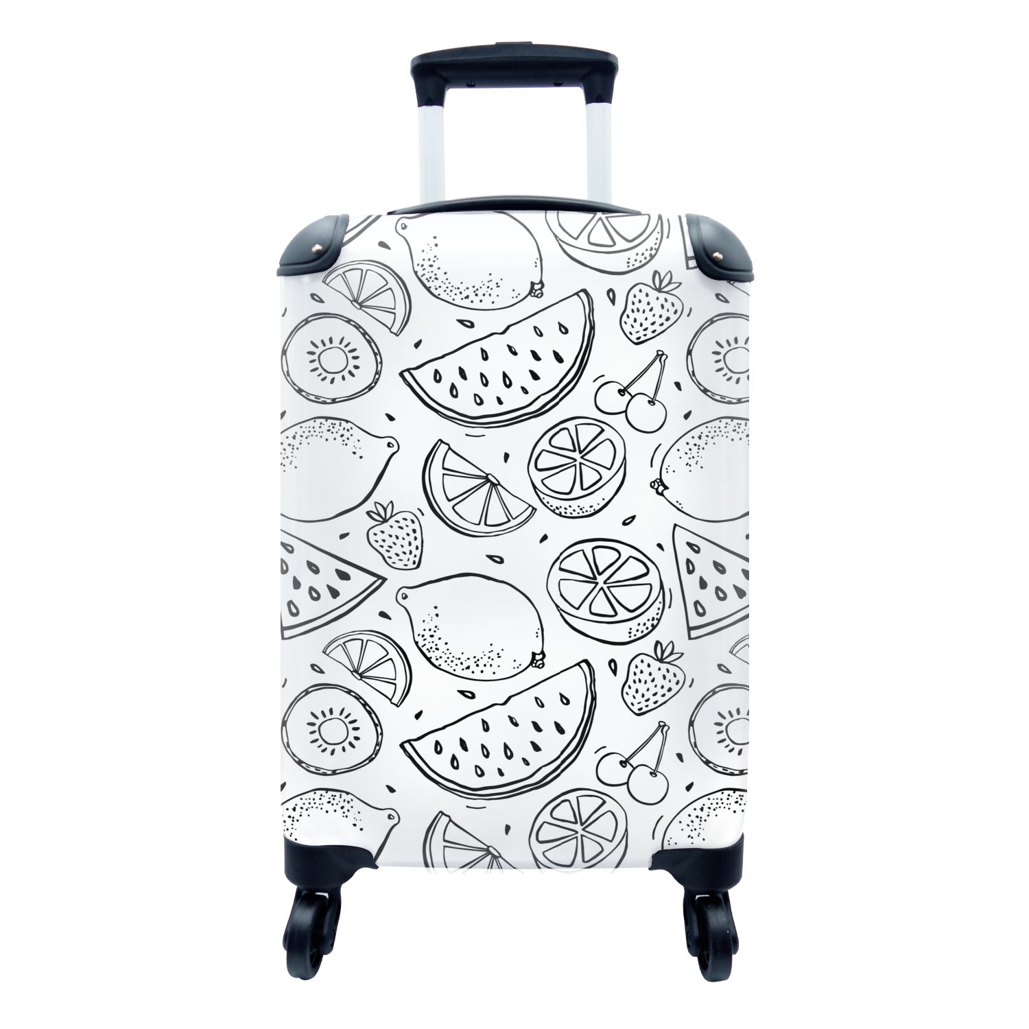 MuchoWow Handgepäckkoffer Obst - Muster - Schwarz - Weiß, 4 Rollen, Reisetasche mit rollen, Handgepäck für Ferien, Trolley, Reisekoffer
