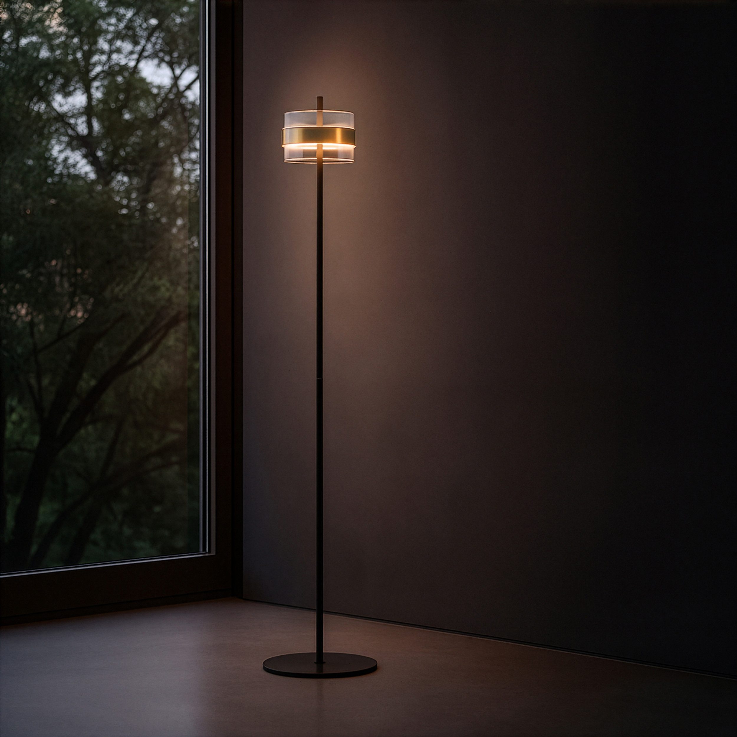 lumiCouture LED Stehlampe Inside, Dimmfunktion, Memoryfunktion, LED fest integriert, Warmweiß, Ø 30 cm x 146 cm, 2000 lm 2700 K, Metall/Glas, messingfarben/rauchglas