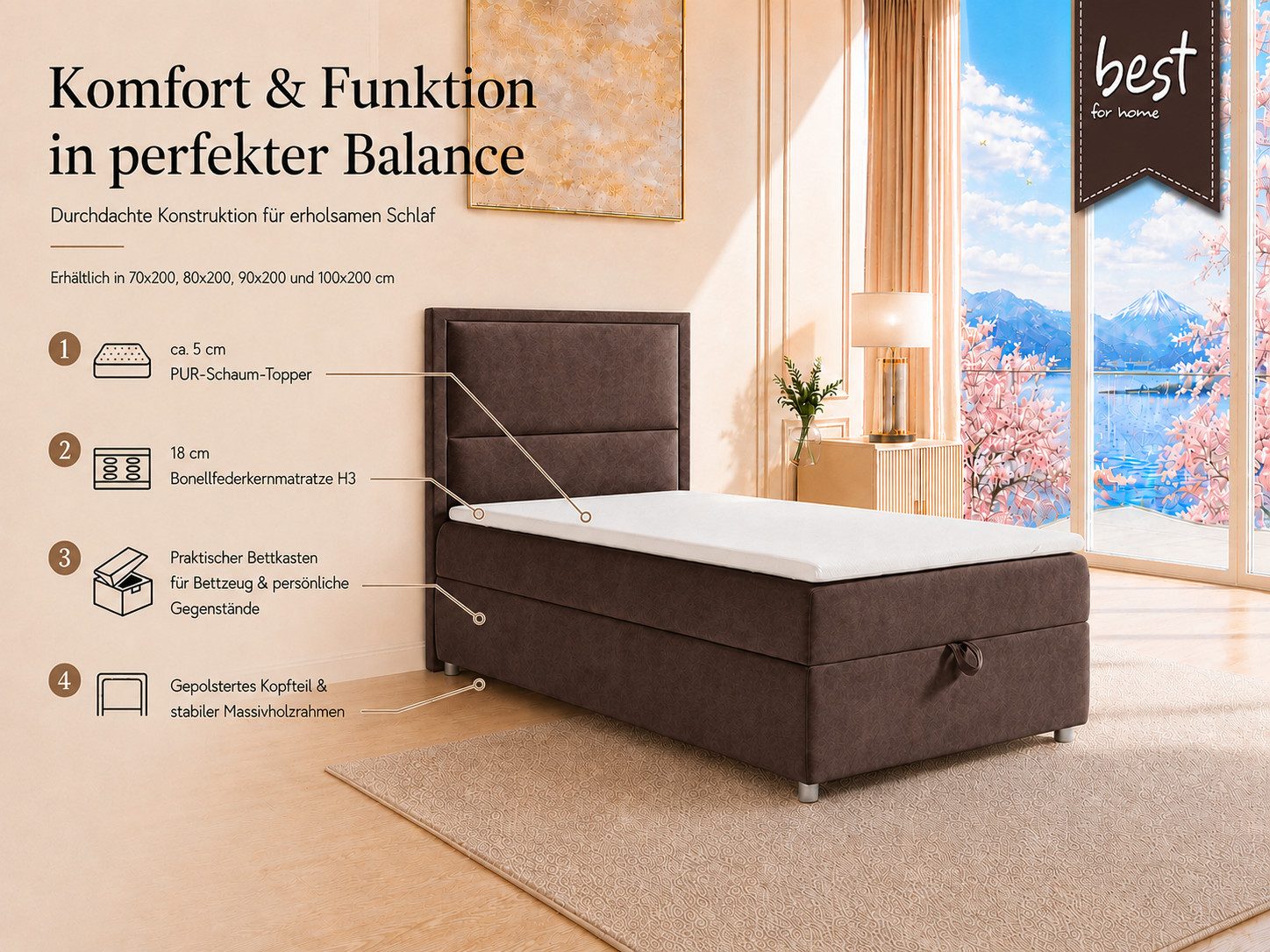 Best for Home Boxspringbett K-11 SINGLE mit Bettkasten, Bonellfederkern, Komfort Topper H3 (Hotelbett, Einzelbett, Kinderbett, Juniorbett, 5-St., 70x200 80x200  – Bild 3 von 5