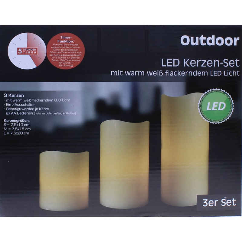 CEPEWA LED-Kerze »3er Set Kunststoff mit Timer−Funktion batteriebetrieben flackernd für Innen Außen Outdoor 10/15/20 cm«