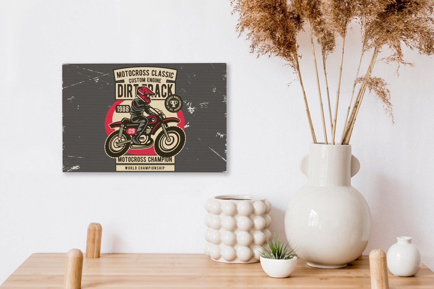 OneMillionCanvasses® Leinwandbild Motorrad St), Helm Wandbild - 30x20 - cm (1 Wanddeko, Leinwandbilder, Aufhängefertig, Retro Zeichnung, 