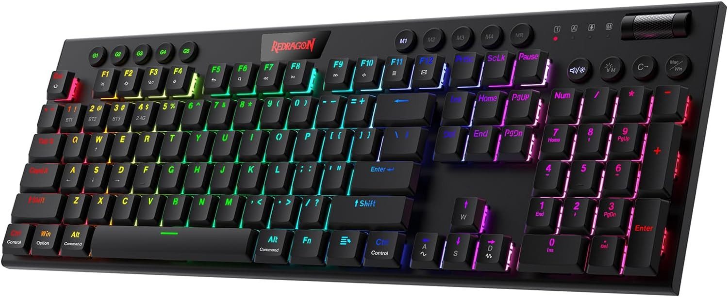 Redragon K618 Mechanische Tastatur RGB, 3-Modus BT/2,4G/USB-C, Low Profile Gaming-Tastatur (Ultradünn 30 %, rote Schalter, Makrotasten, kabellos & kabelgebunden)