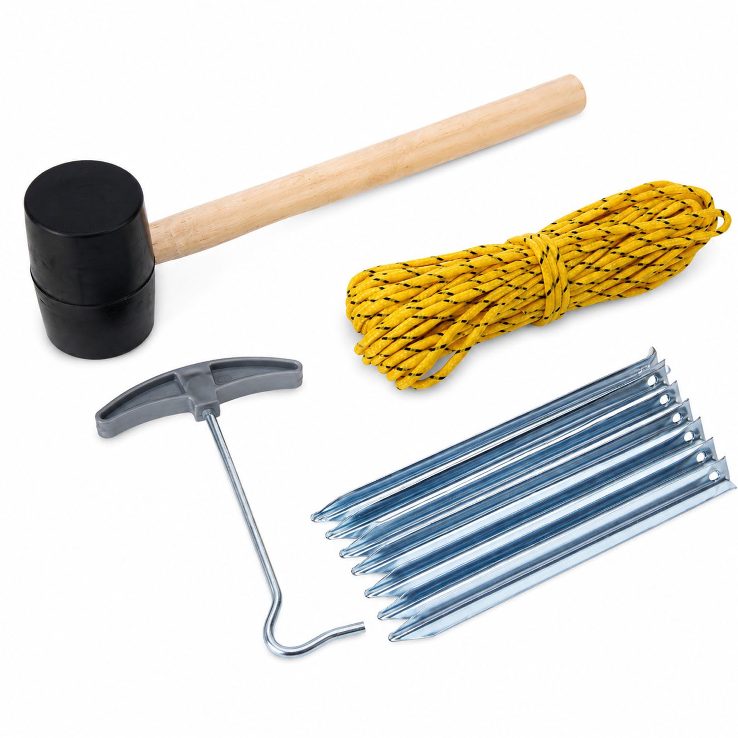 Mojawo Schirmzelt Camping-Set 9-Teile Zeltheringe + Seil + Gummihammer + Heringszieher
