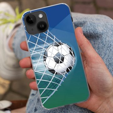 MuchoWow Handyhülle Eine Illustration eines Fußballs im Netz - Jungen - Mädchen - Kinder, Handyhülle Telefonhülle Apple iPhone 14