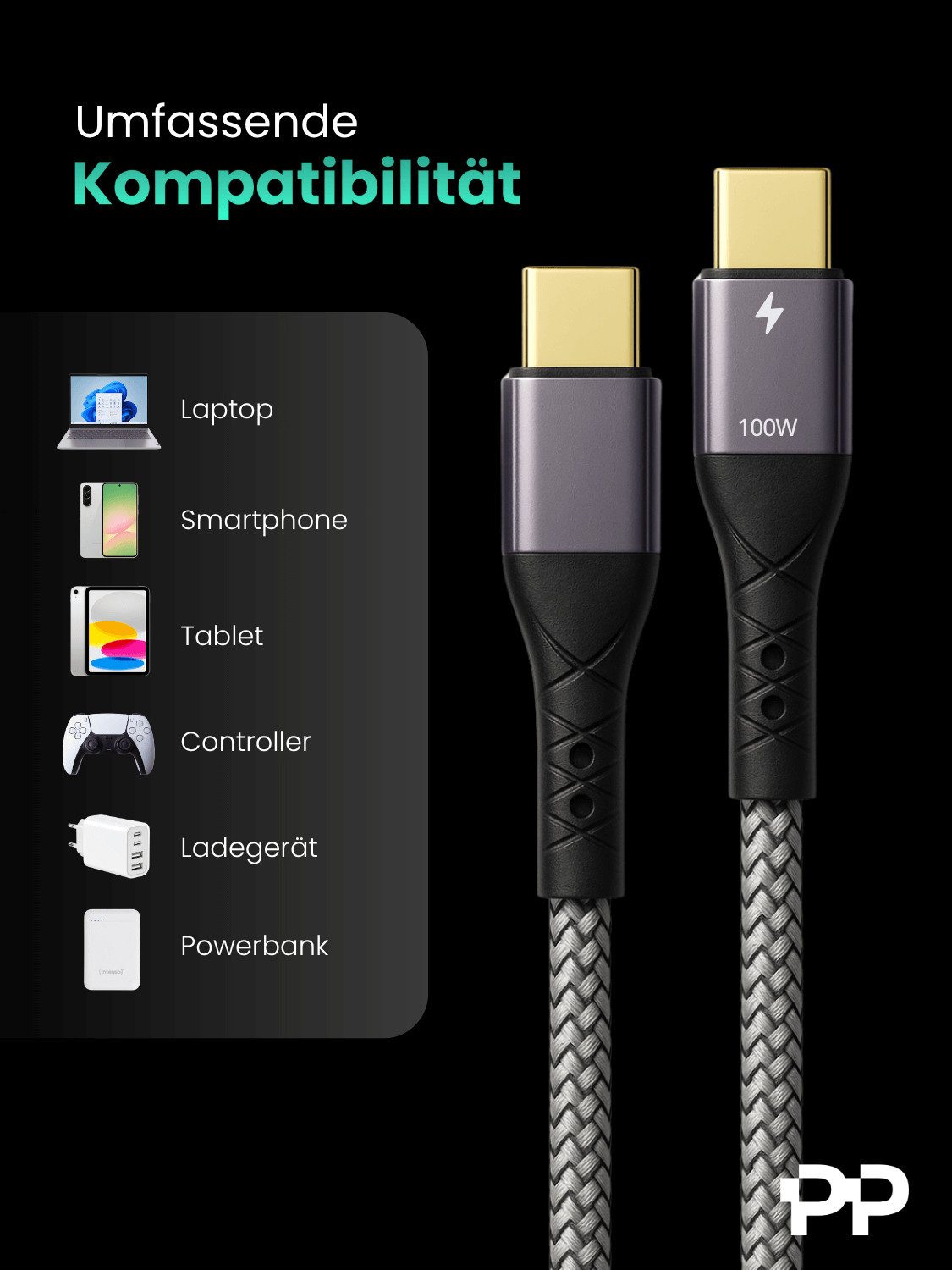 ProfiPatch ProfiPatch Textil USB C Kabelset 100W PD 3.0 5A E-Mark Chip 2x2m grau USB-Kabel