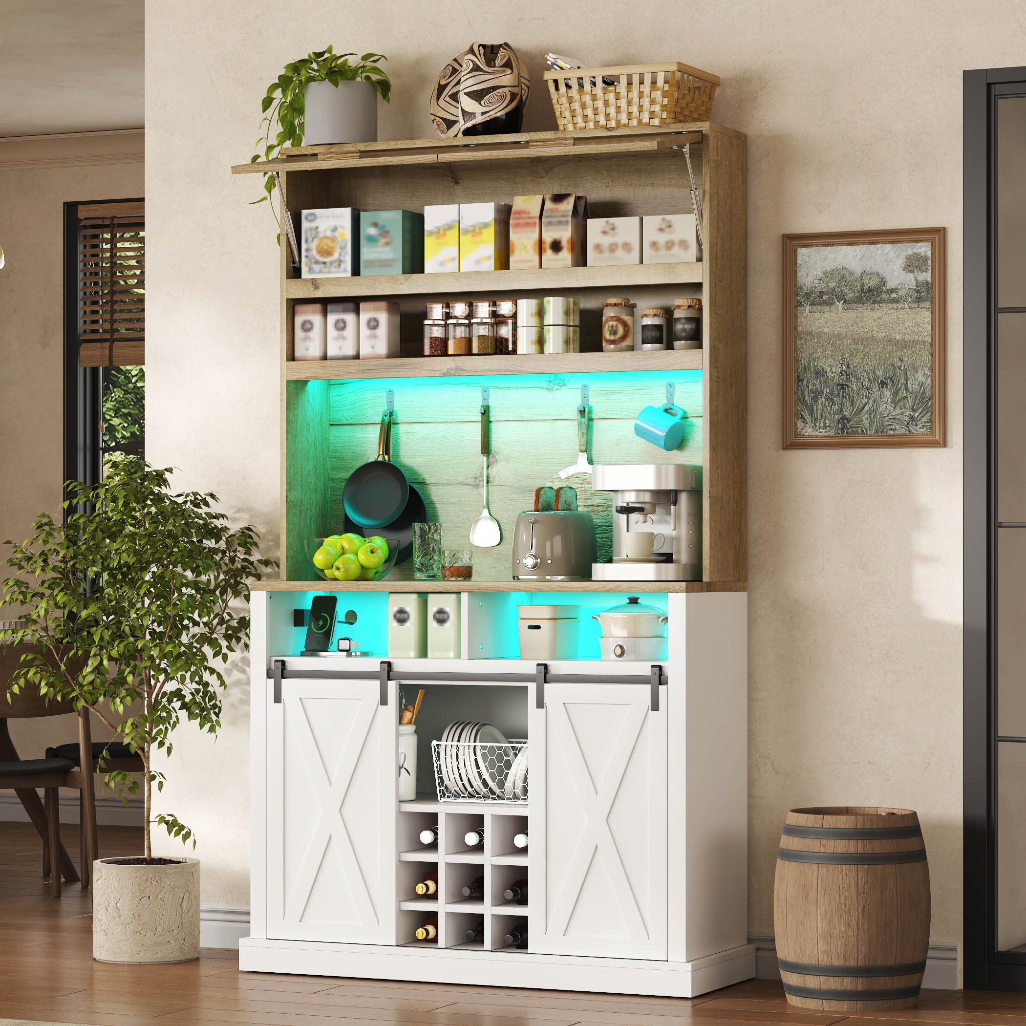Flieks Küchenbuffet Hochschrank mit LED-Beleuchtung, Steckdose, Haken, Weinregal (1-St., B110/T42/H191 cm) Küchenschrank mit Arbeitsplatte in Holzoptik Mehrzwec – Bild 3 von 5