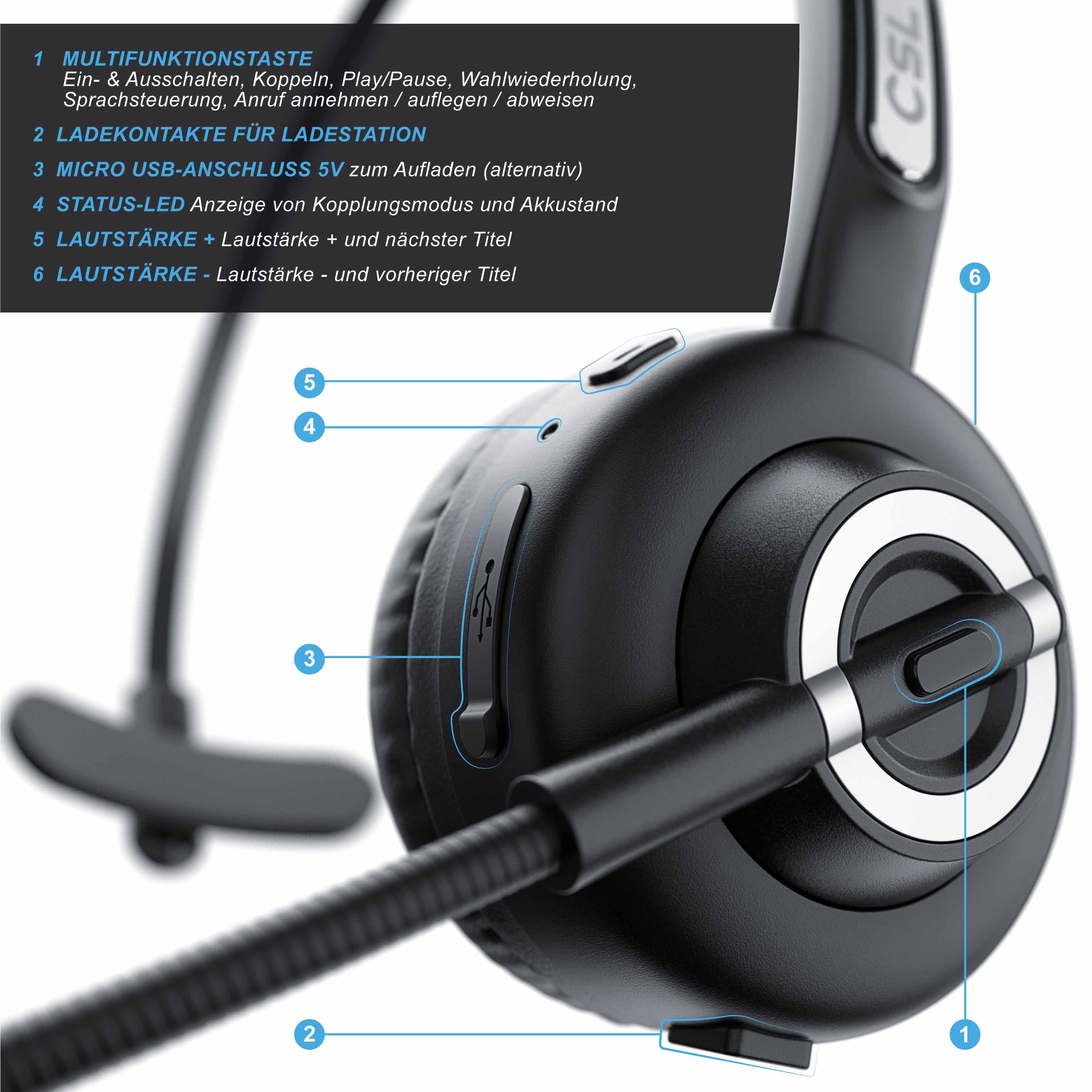 CSL Headset kabellos, inklusive Ladestation und Rauschunterdrückung Wireless-Headset (Rauschunterdrückung; Noise-Cancelling; Freisprechfunktion; True Wireless, Bluetooth, Mono Bluetooth Headset mit flexiblem Mikrofon und USB Ladeport)