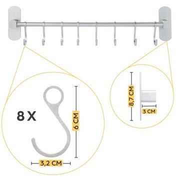 Praknu Wandhaken Hakenleiste für Küchenutensilien mit 8 Haken, Küche, Badezimmer, Terrasse, Balkon, Keller, Werkstatt, Garage, (Set, 8-St., Hakenleiste mit 8 Haken), Ohne Bohren - Selbstklebend - 40 cm