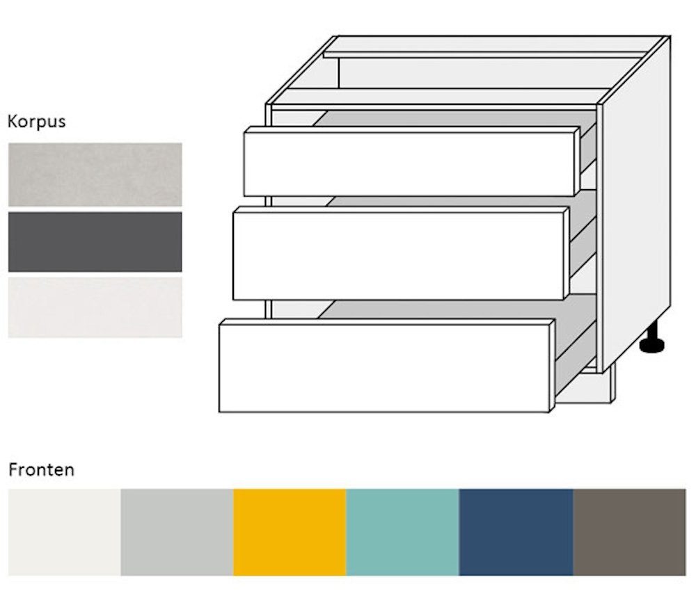 mit pflegeleichter lichtgrau Hochglanz Spanplatte Kunststoffoberfläche, Napoli (Hochglanz & Schubladen Front- Soft-Close-Funktion, 90cm 7035 Auszugsunterschrank RAL lackiert, (Vollauszug) Korpusfarbe 3 grifflos wählbar MDF) Feldmann-Wohnen