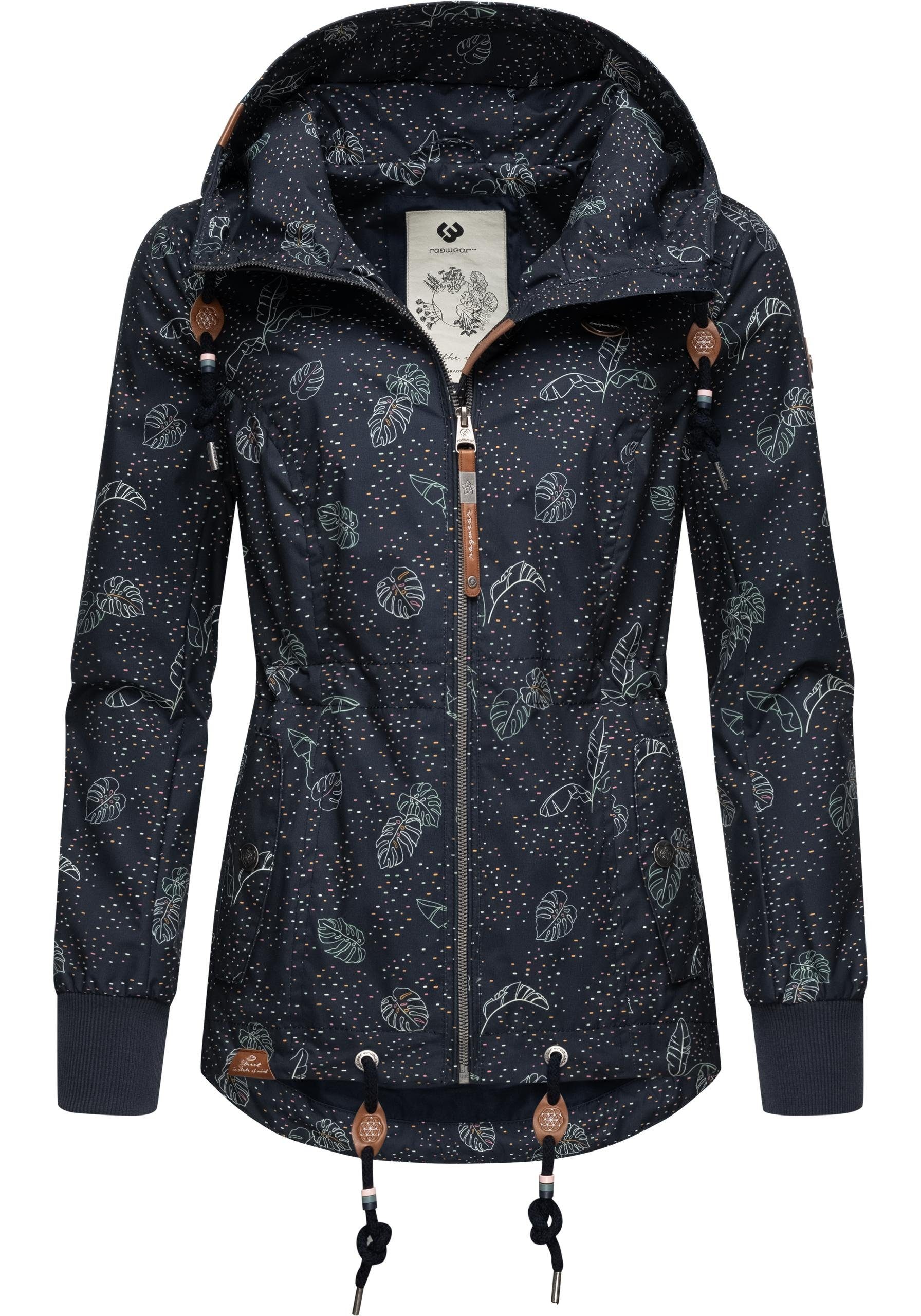 Ragwear Outdoorjacke Danka und mit Leaves navy Übergangsjacke stylische Print Kapuze