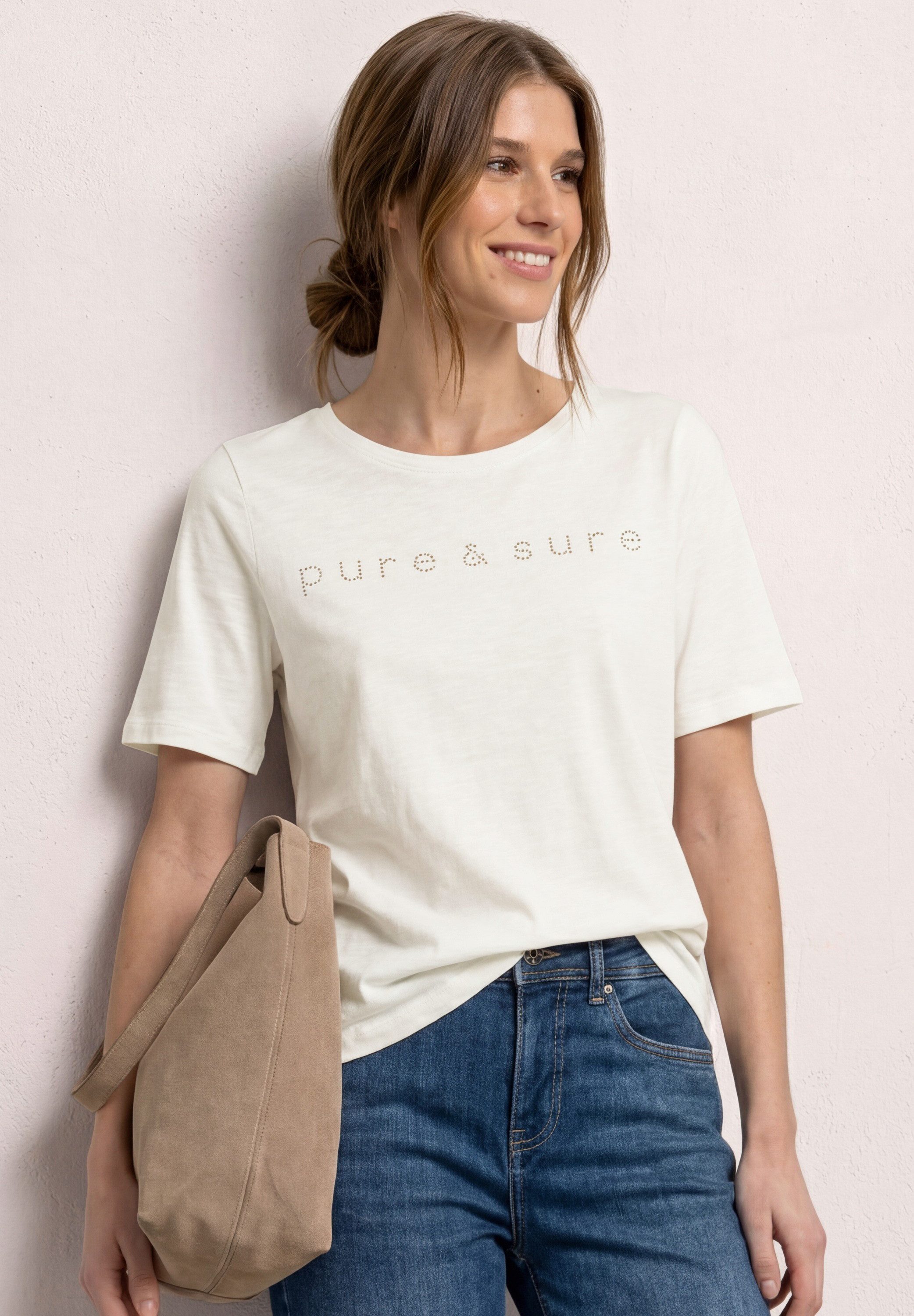 STREET ONE Kurzarmshirt Sommershirt mit Rundhals und Schmucksteinen