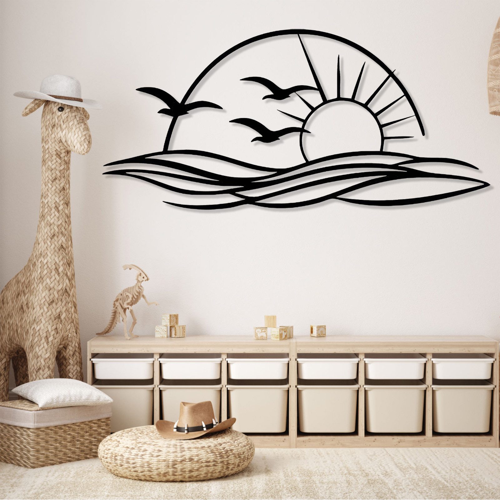 Jumpeak Wanddekoobjekt Wanddeko mit Sonnen und Möwen,Sonnenuntergang,Meereswellen,Strichkunst, Metall,4 Farbe,5 Maße,Strandhorizont,Tropischer,Minimalistischer – Bild 3 von 5