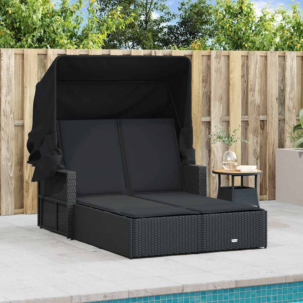 vidaXL Gartenliege Doppel-Sonnenliege mit Dach und Auflagen Schwarz Poly Rattan, 1 St.