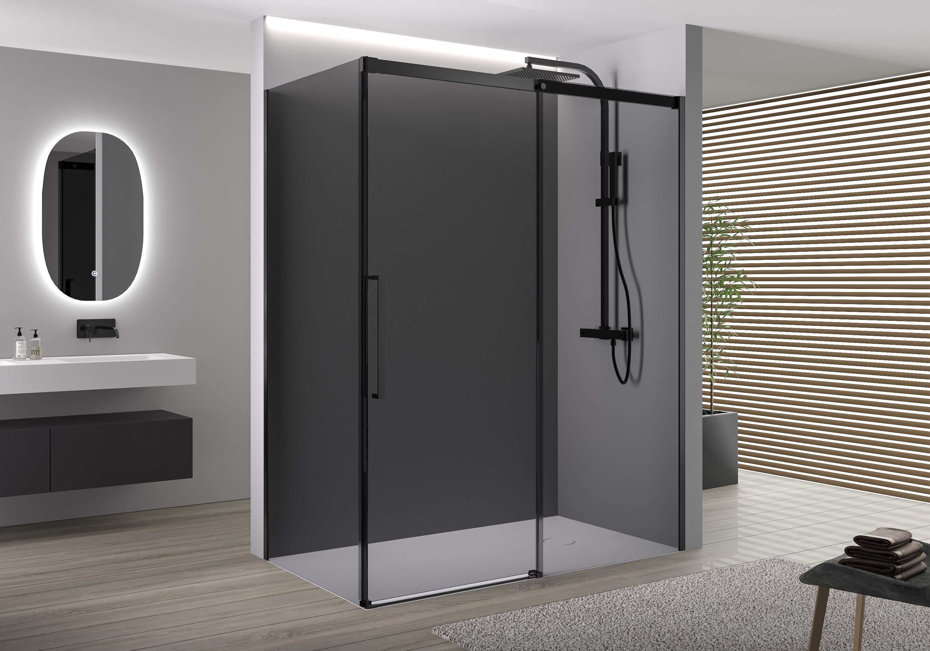 Bernstein Eckdusche DX906 FLEX 100x100 cm Schwarz Grau, BxT: 100x100 cm, Soft-Close Schiebetür 100cm Seitenwand 100cm Schwarz 8mm Nano Grau