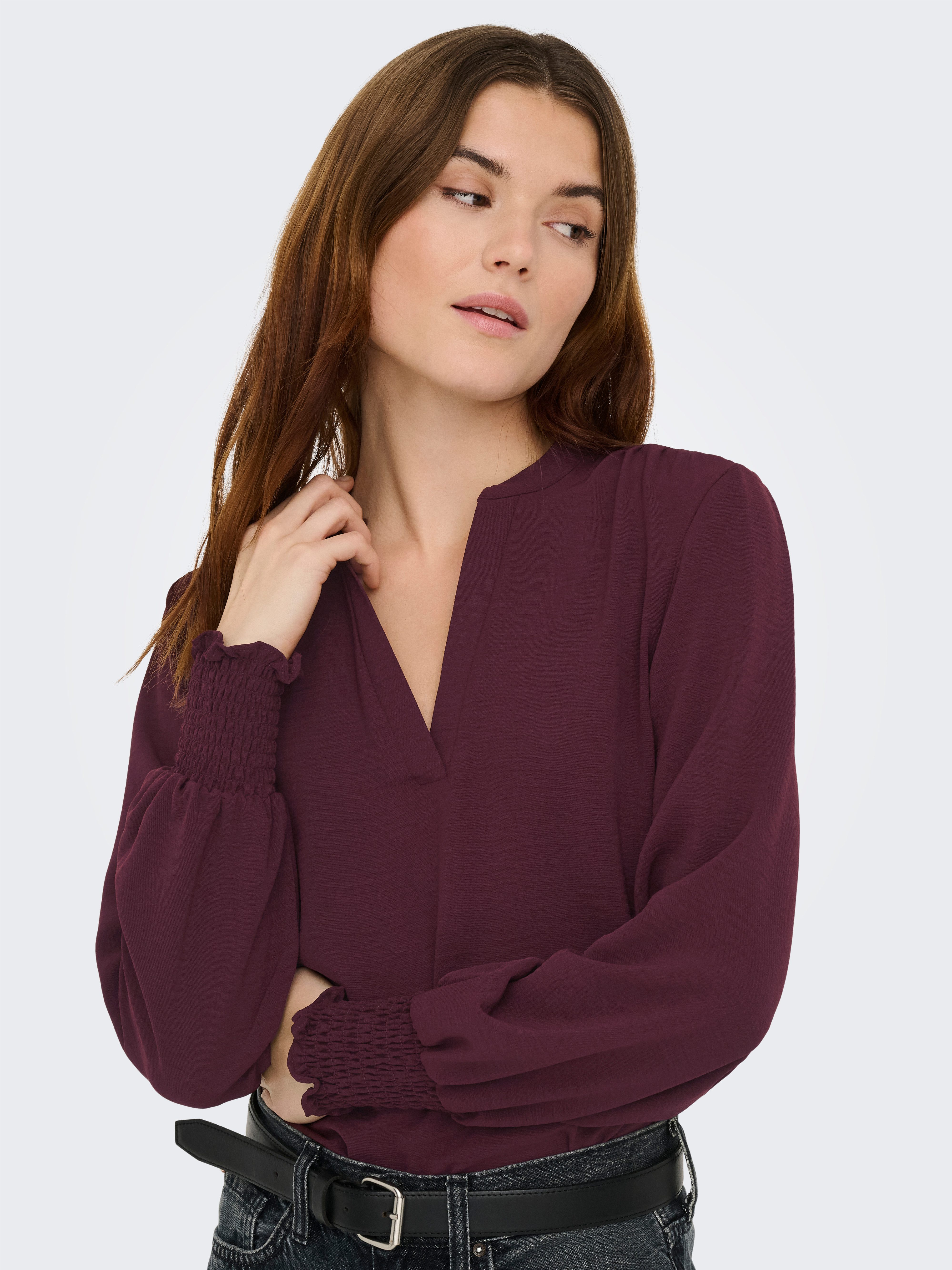 ONLY Blusenshirt ONLMETTE V-NECK LS SMOCK TOP NOOS WVN Kunstfaser, regular fit – Bild 3 von 5