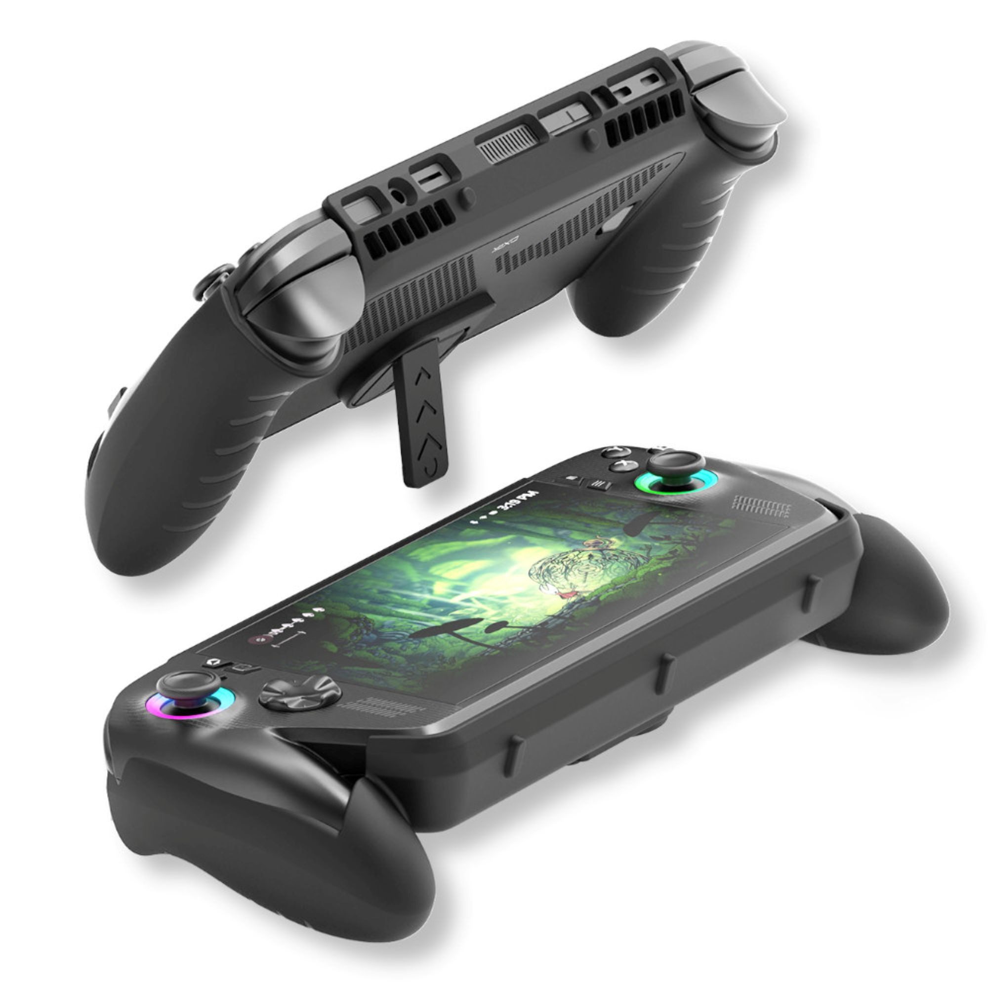 YAXO Konsolen-Cover Hülle für ROG Ally X TPU PC stoßfest kratzfest ergonomisch Ständer Aufsteller Griffschutz Handheld rutschfest robust Techno Black, Ergonomischer Griff