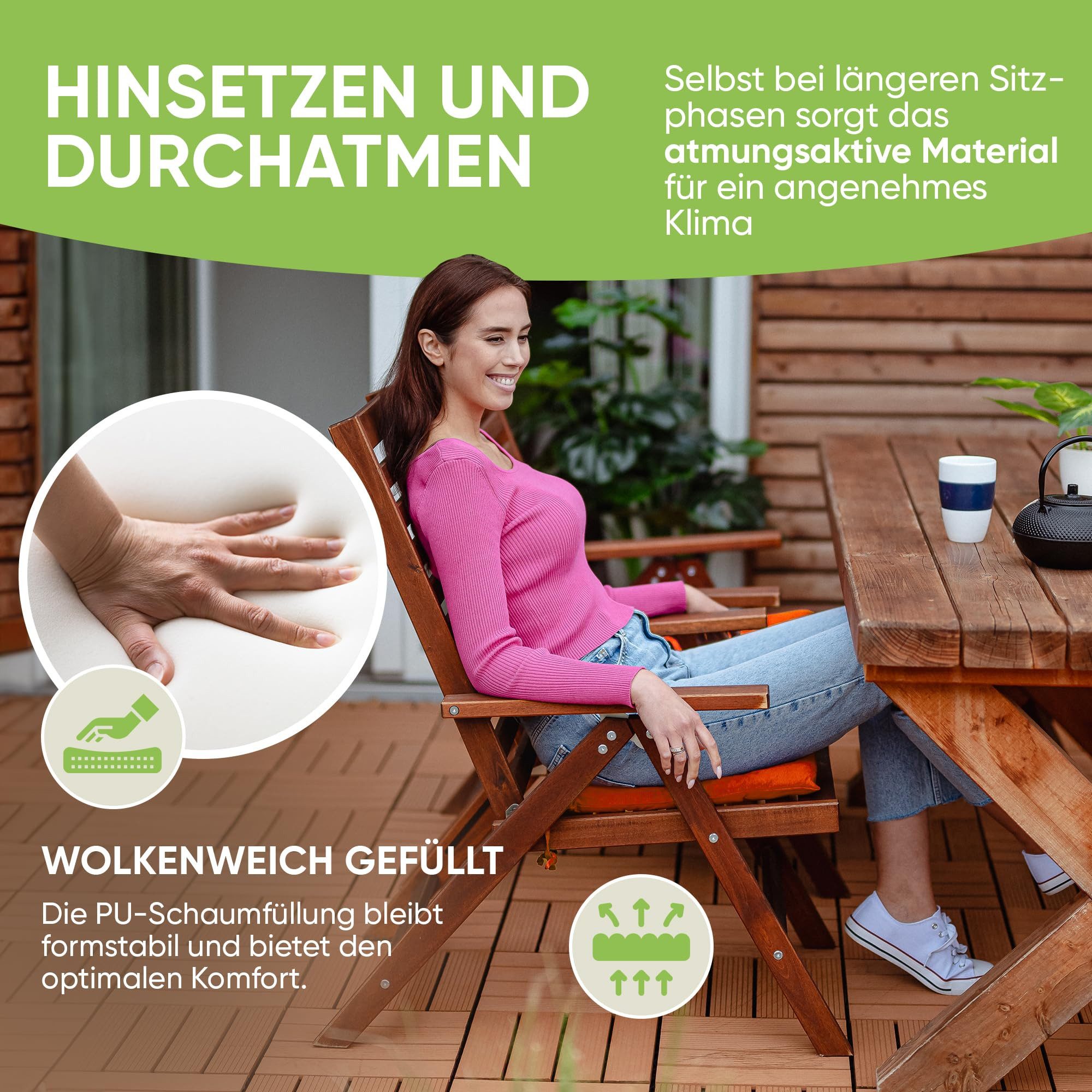 Gräfenstayn Stuhlkissen Sitzkissen 40x40cm Haltebänder Indoor Outdoor, robustes Sitzkissen für Indoor & Outdoor, mit Haltebändern – Bild 3 von 5