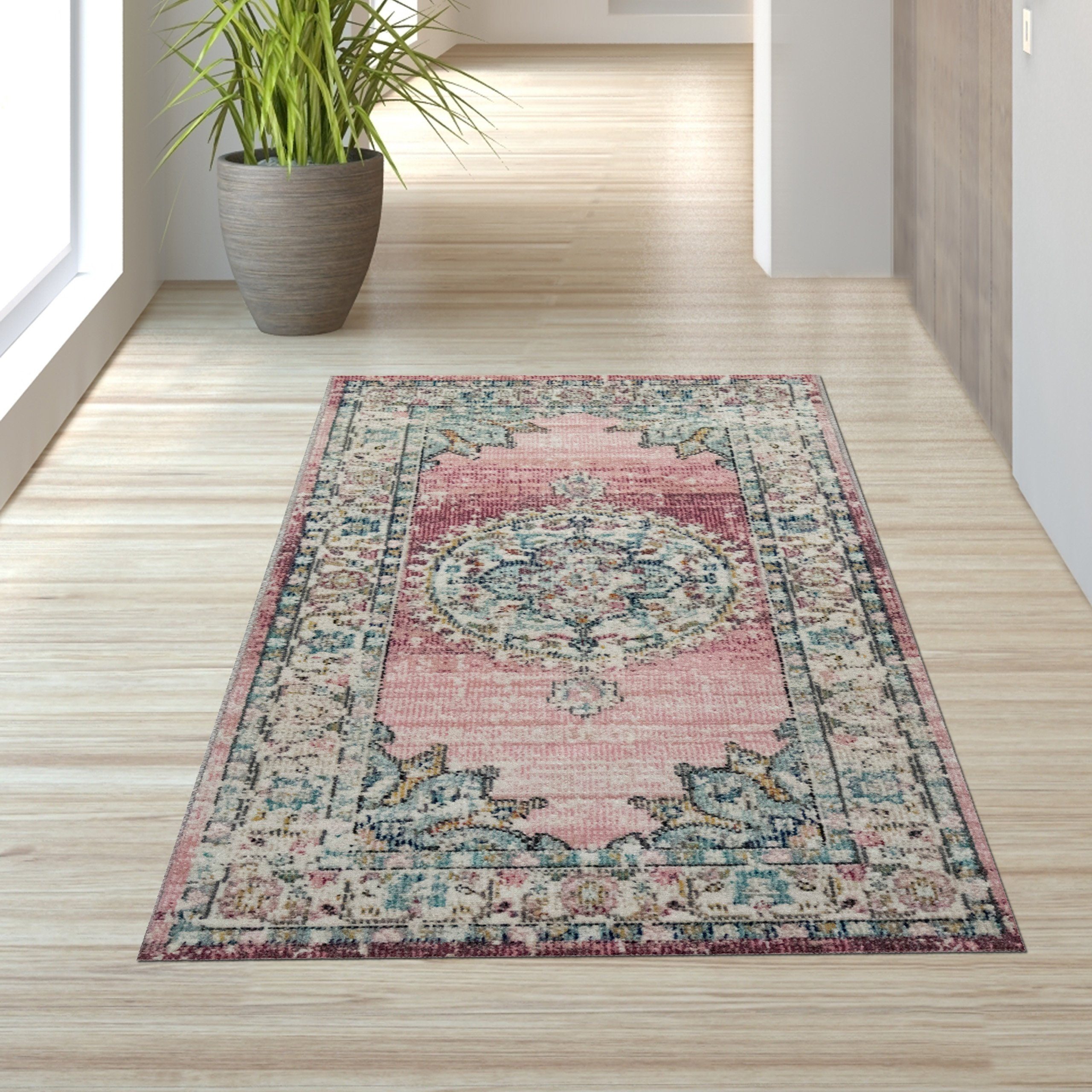 TeppichHome24 Teppich Teppich Orient Outdoor Vintage in rosa, rechteckig, Höhe: 4 mm