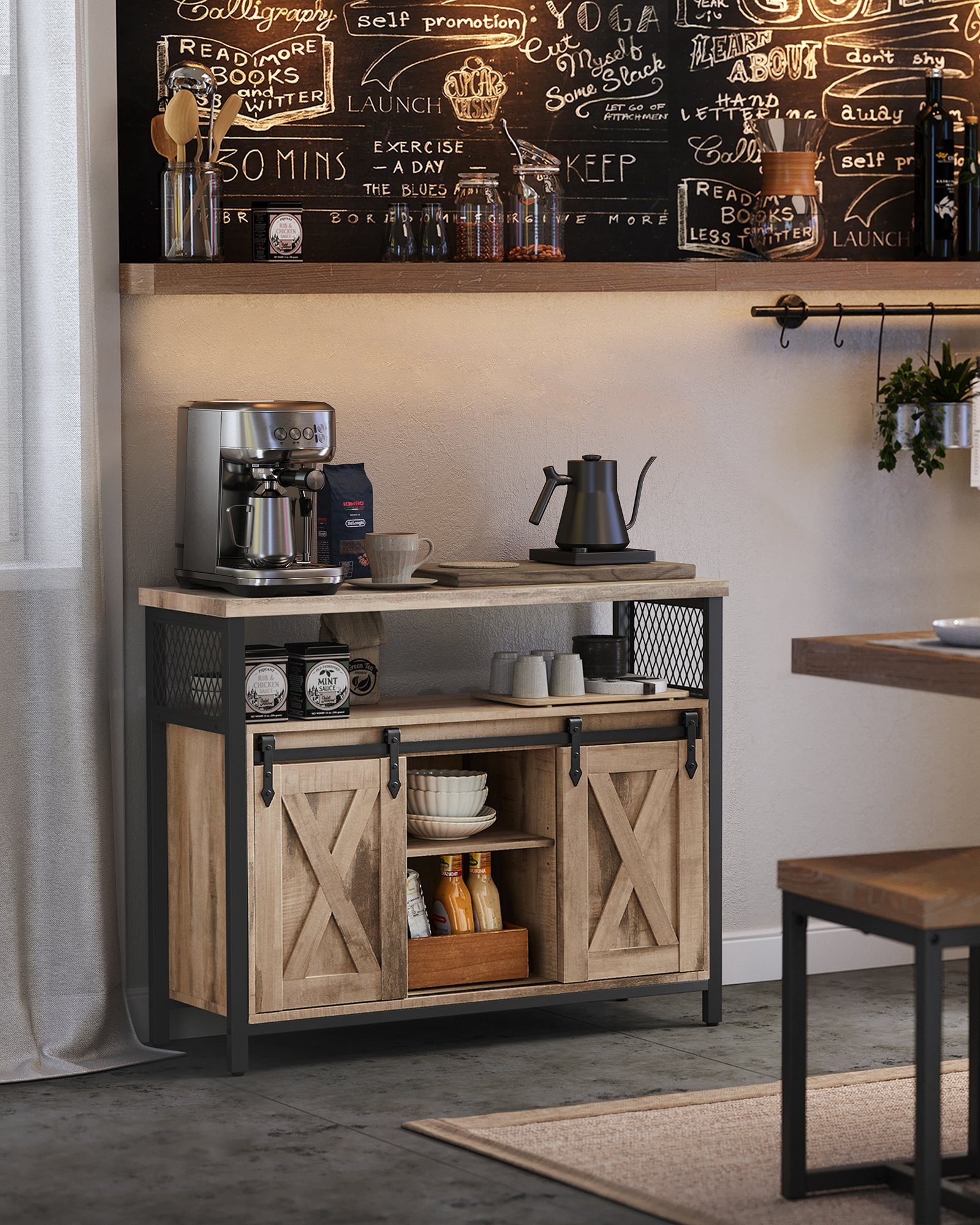 Ablagen Küchenschrank, VASAGLE 2 mit Schiebetüren, verstellbare Sideboard Naturfarben-Schwarz