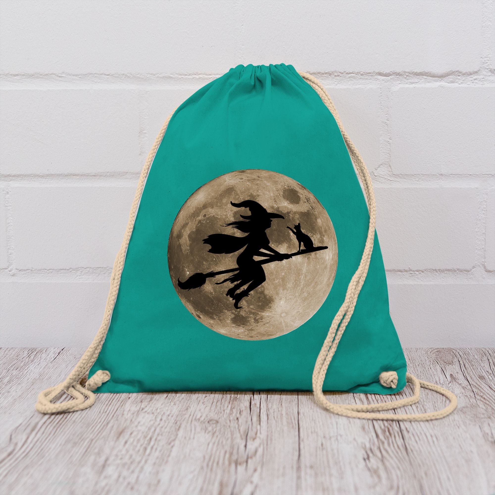 Shirtracer Turnbeutel Hexe Halloween Hexen auf Besen Vollmond Katze Witch Mond, Halloween Beutel