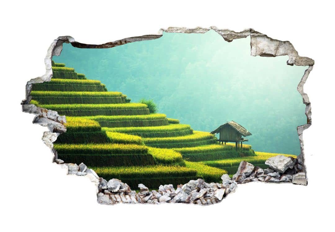 Weltreise 3D Art Indonesien Wandtattoo Wall Asien, Wandbild grüne Reisterrassen Mauerdurchbruch K&L Wandtattoo Aufkleber selbstklebend