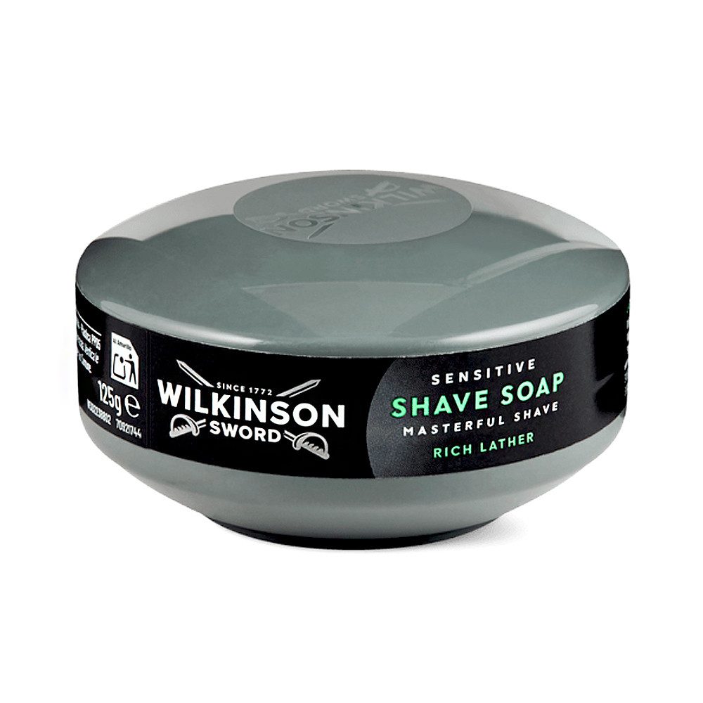 Wilkinson Rasierseife Sensitive Shave Soap in verschließbarer Dose (125 g), Inhaltsstoffe aus 89% natürlichem Ursprungs