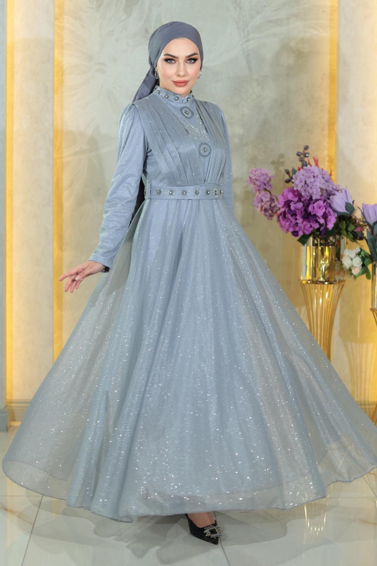 MODAMİHRAM Abendkleid Silber Abendkleid mit Steindetails MSW19188-4