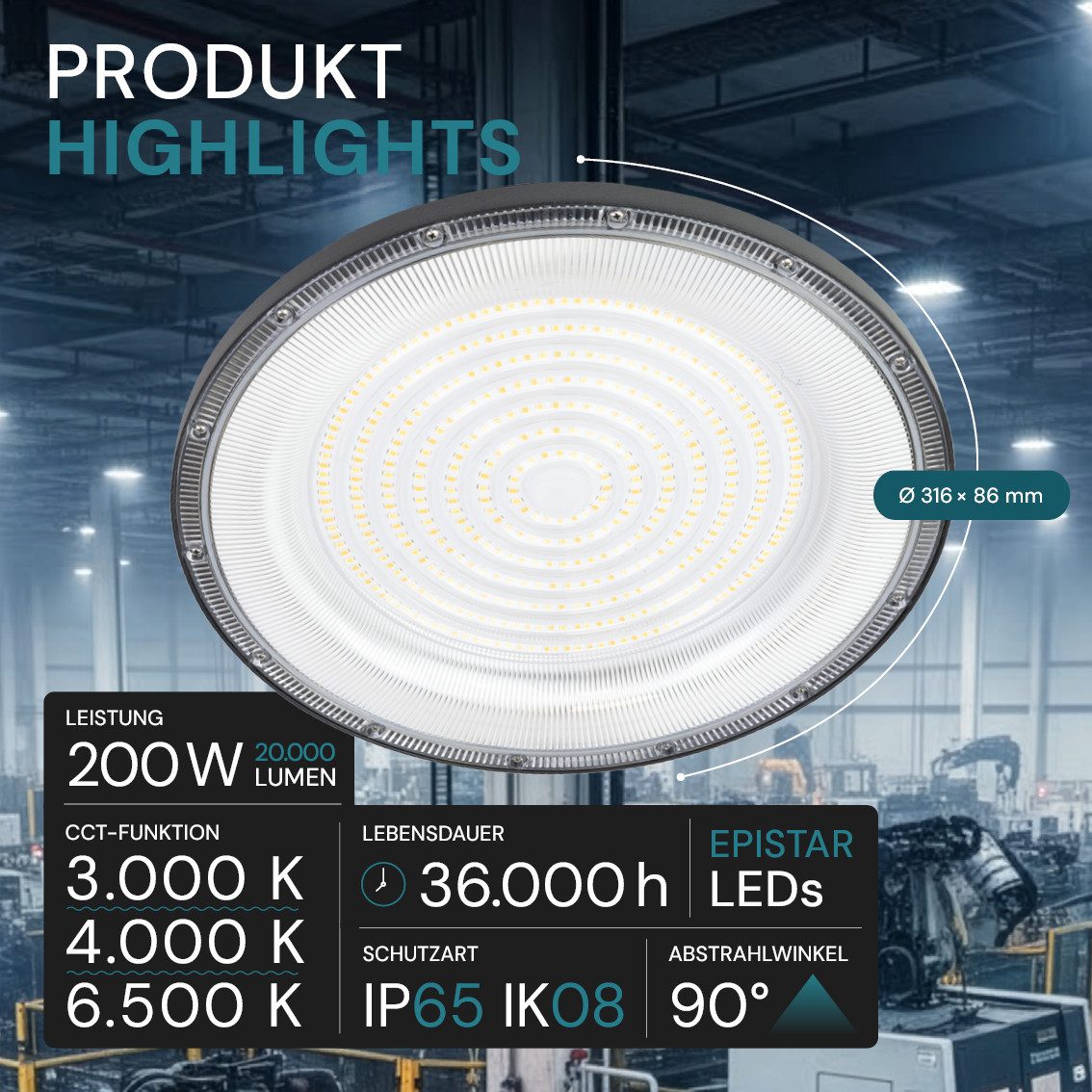 LUXULA LED Arbeitsleuchte LUXULA LED Hallenstrahler HighBay 200 W CCT einstellbar Schwarz, LED fest integriert, Farbwechsler