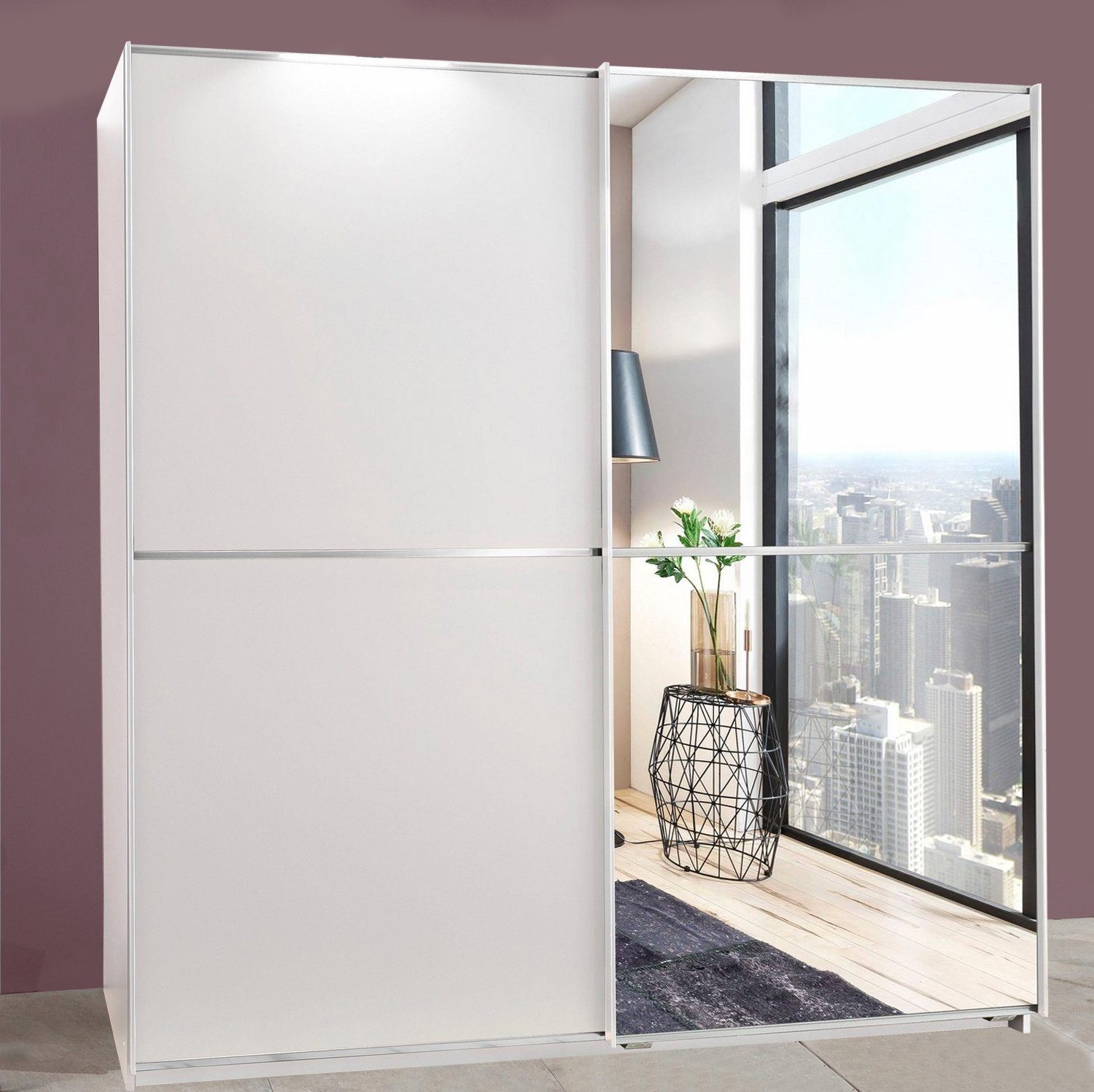 Wimex Schwebetürenschrank Baden (mit Schwebetüren, mit Kleiderstange, mit Einlegeböden, 1-St., moderne Optik, 2-türig mit Spiegel) 180x64x198cm weiß Spiegel