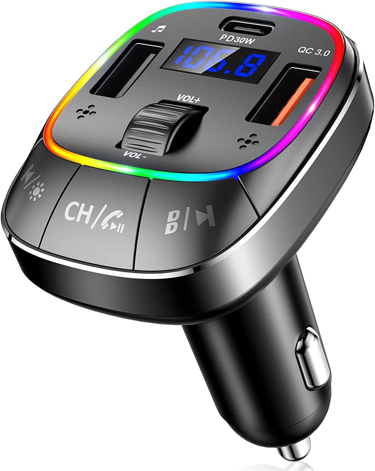 Sross Bluetooth 5.0 FM Transmitter für Auto,PD 30W+QC3.0 Schnelllade KFZ-Transmitter FM Transmitter,Stärkeres Dual Mic & Bass-Boost,KFZ Bluetooth Freisprechen Mit 8-Farbiger Hintergrundbeleuchtung, Musik-Player,U-Disk