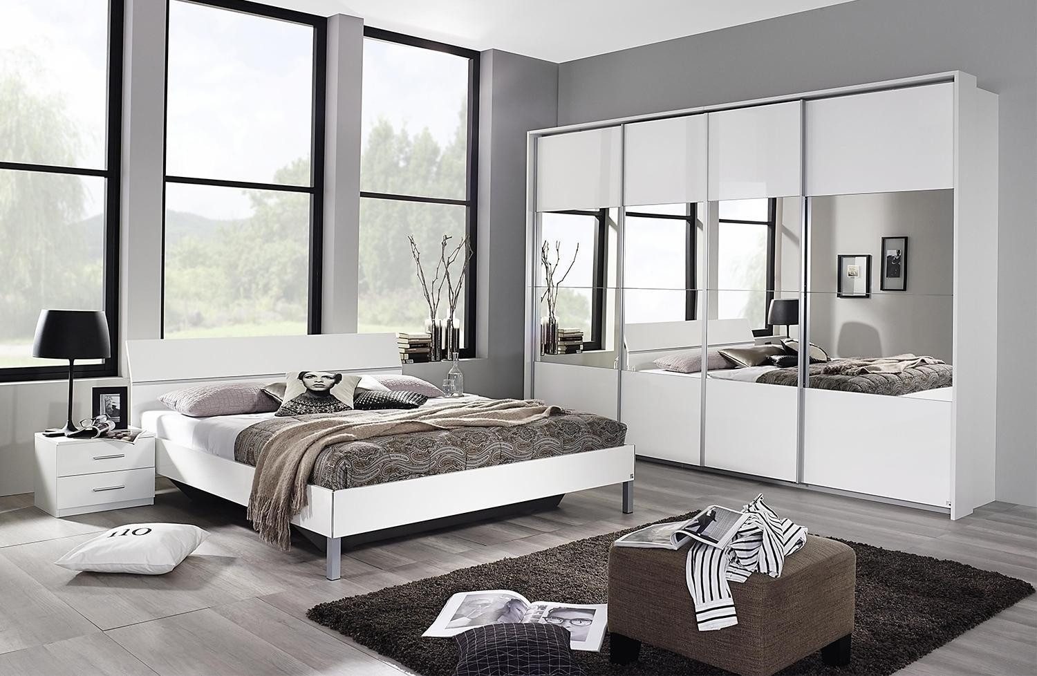 LIV'IN Schwebetürenschrank LAGOS, B 316 cm x H 230 cm, Weiß Hochglanz, 4 Türen, mit Spiegel