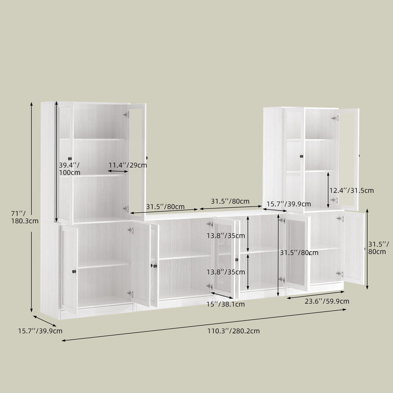 VOWNER TV-Schrank mit Bücherregalen für Fernseher bis zu 70 Zoll, 280 cm TV-Ständer (4-St) Wohnzimmer-Fernsehschrank mit gehärteten Glastüren und Einlegeböden