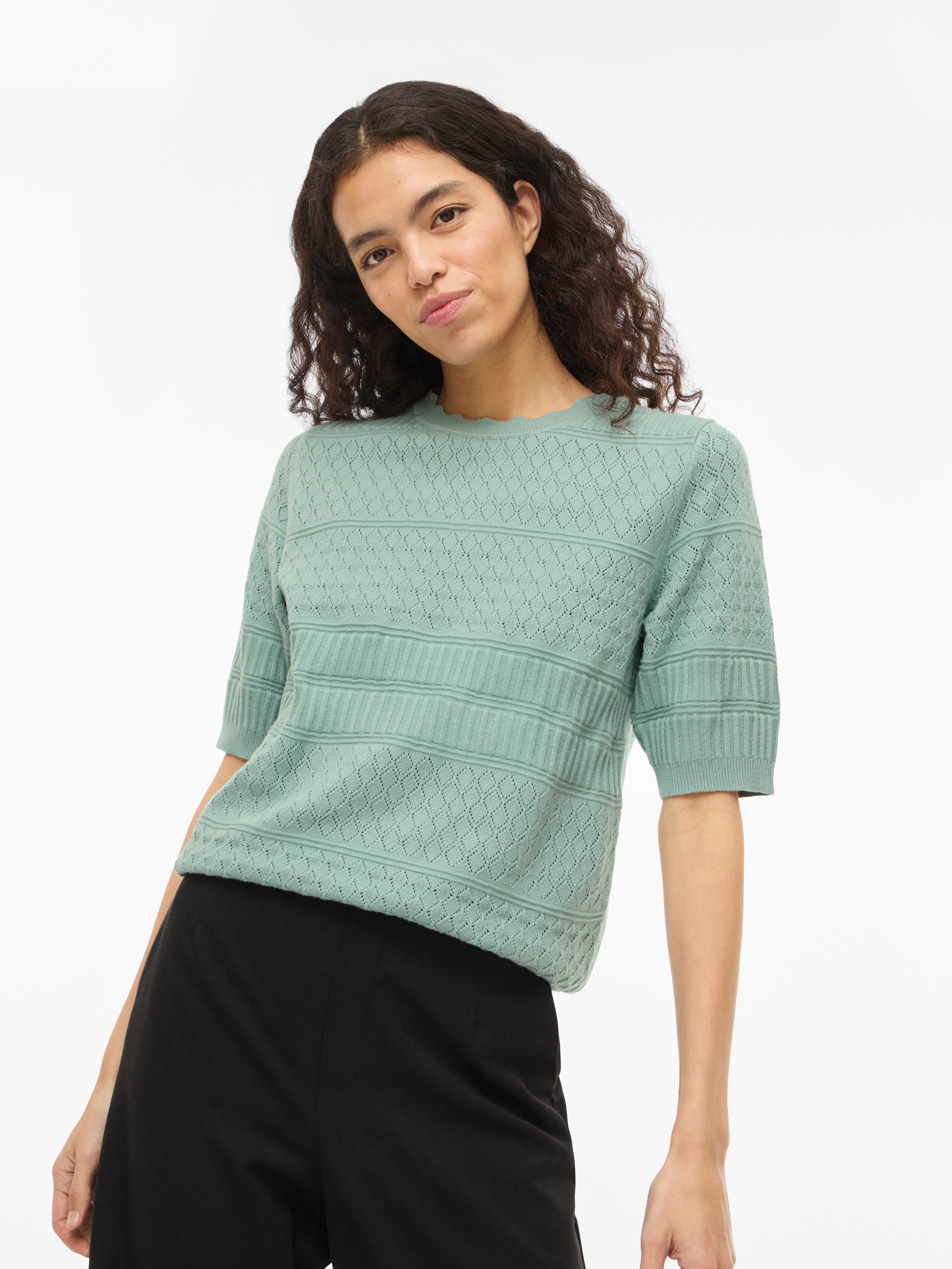 Vila Kurzarmpullover VIMILOS S/S O-NECK POINTELLE TOP - NOOS