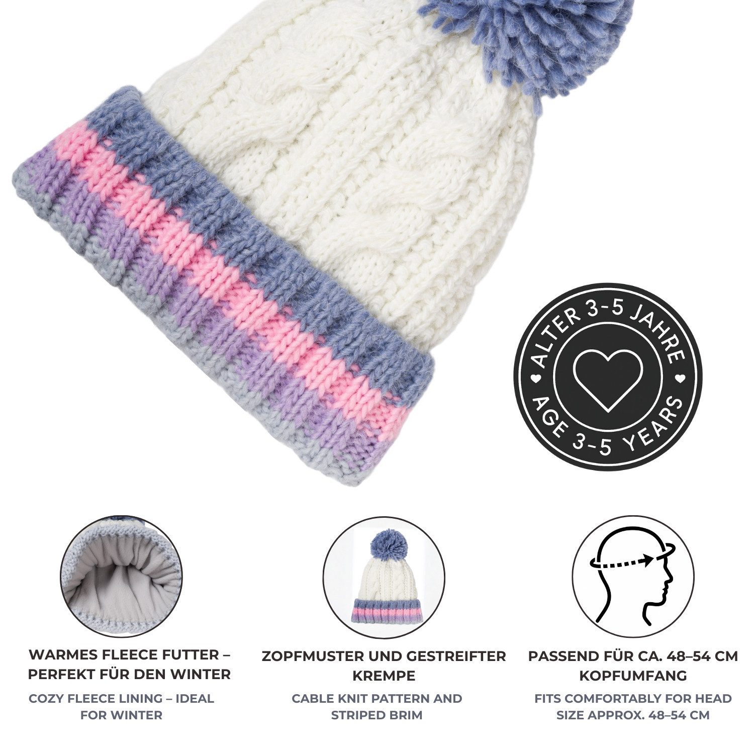 styleBREAKER Strickmütze Kinder Strick Bommelmütze Zopfmuster (1-St)