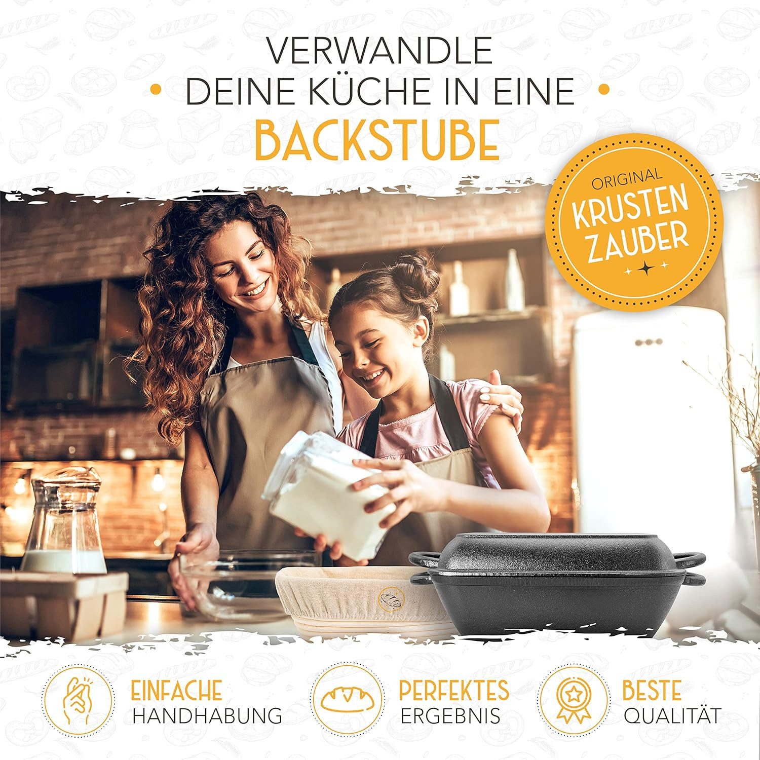 Krustenzauber Brotbackform 30cm Gusseisen Bräter mit Deckel backofengeeignet inkl. Gärkorb, (eckiger Topf Brot Backen - Ideal als Ofenform), Induktion, Brotbacktopf, Zubehör