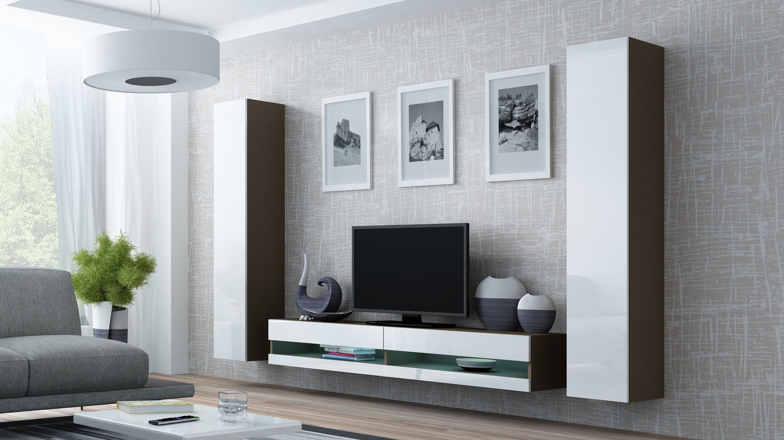 Stylefy Wohnwand Vago New IV, (Set (3-St), Wohnmöbel, Wohnzimmer-Set), bestehend aus 1xLowboard und 2xHängeschrank, inkl. LED-Beleuchtung, mit Push-to-Open Latte Matt - Weiß Hochglanz