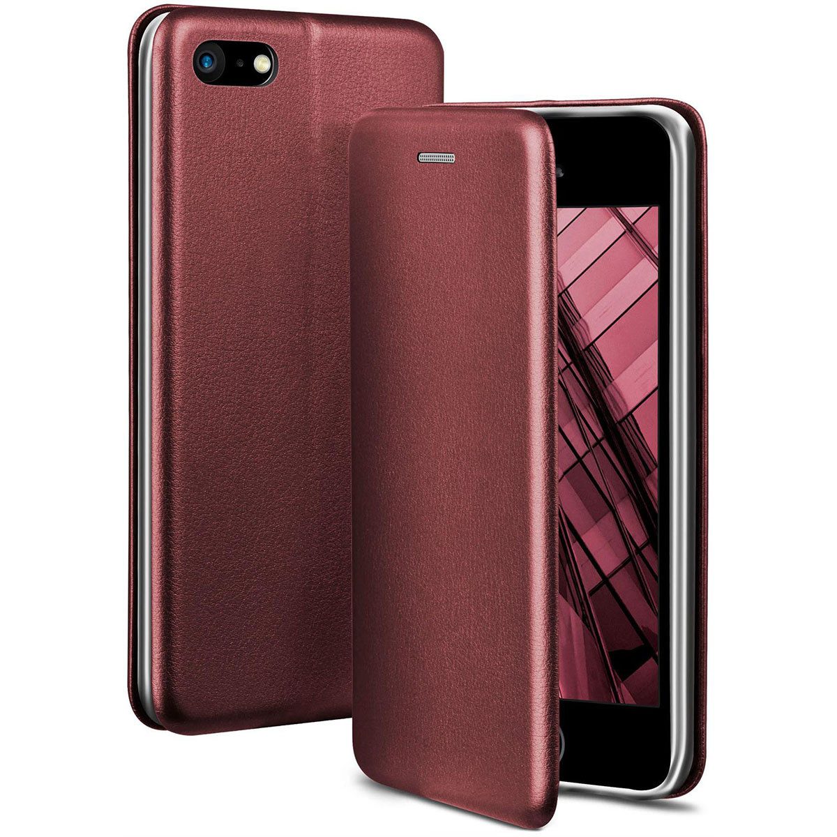 ONEFLOW Handyhülle für iPhone SE (2016) Premium Hülle Business Cover Rot 4 Zoll, 360 Grad Schutzhülle Flip Case Etui Klapphülle Dünn Leder Handy Tasche